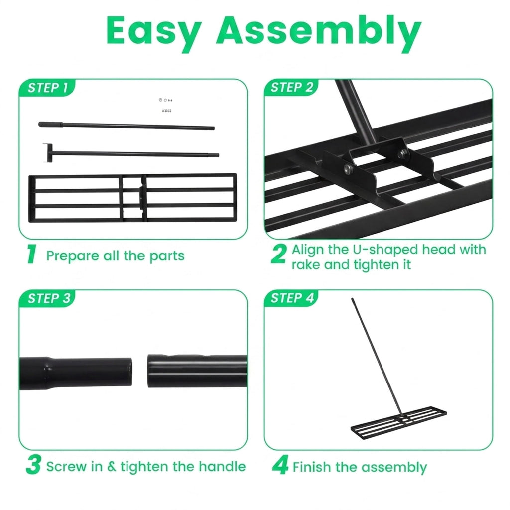 Biotree 42 x 10 Inch Lawn Leveling Rake with Ergonomic Handle for Lawn Garden Yard Soil Care, Black