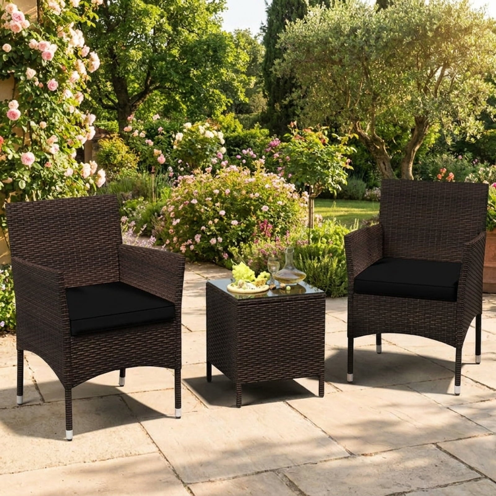 Biotree 3 Pieces Outdoor Conversation Set with Cushioned Seat and Glass Tabletop Outdoor Conversation Set for Garden Backyard PorchBlack