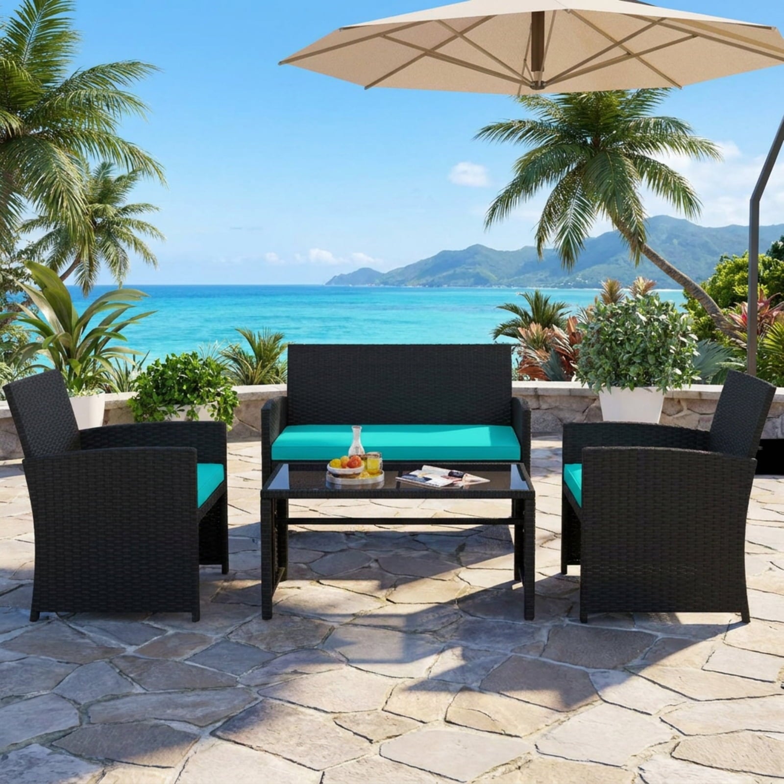 Biotree 4 Pieces Patio Furniture Set with Tempered Glass Tabletop and Removable Cushion Outdoor Conversation Set for Garden Backyard PorchTurquoise