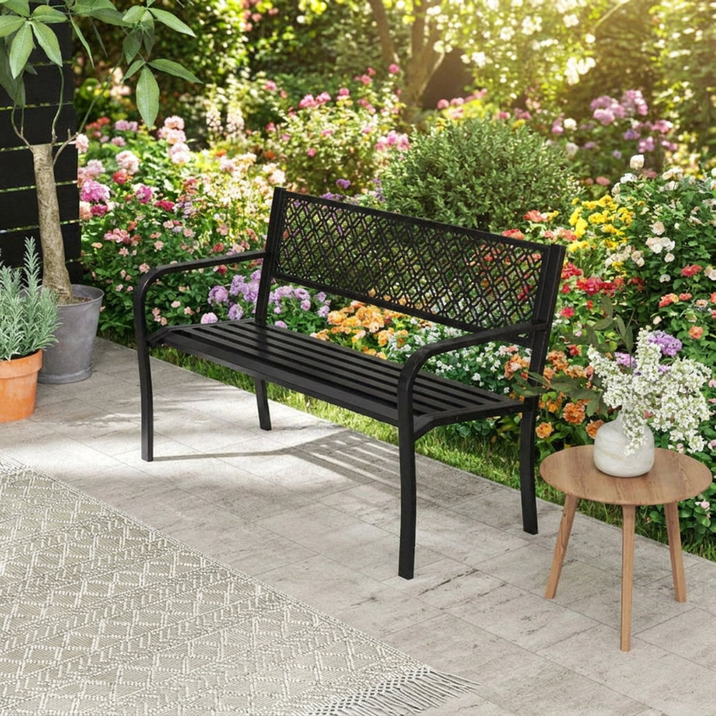 Biotree 50 Inches Outdoor Garden Bench with Geometric Lattice Backrest and Slatted Seat Stackable Patio Chair for Garden BackyardBlack