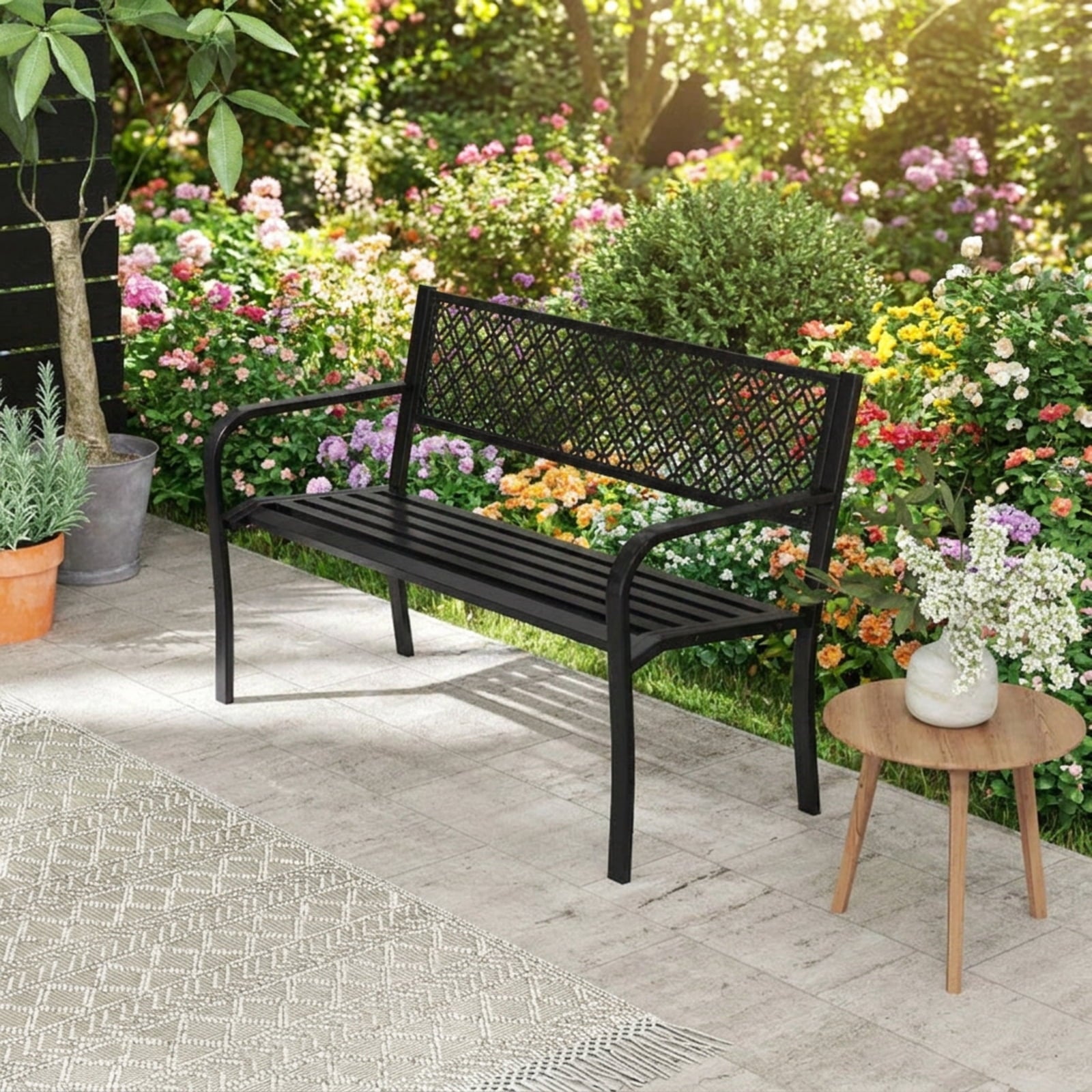 Biotree 50 Inches Outdoor Garden Bench with Geometric Lattice Backrest and Slatted Seat Stackable Patio Chair for Garden BackyardBlack