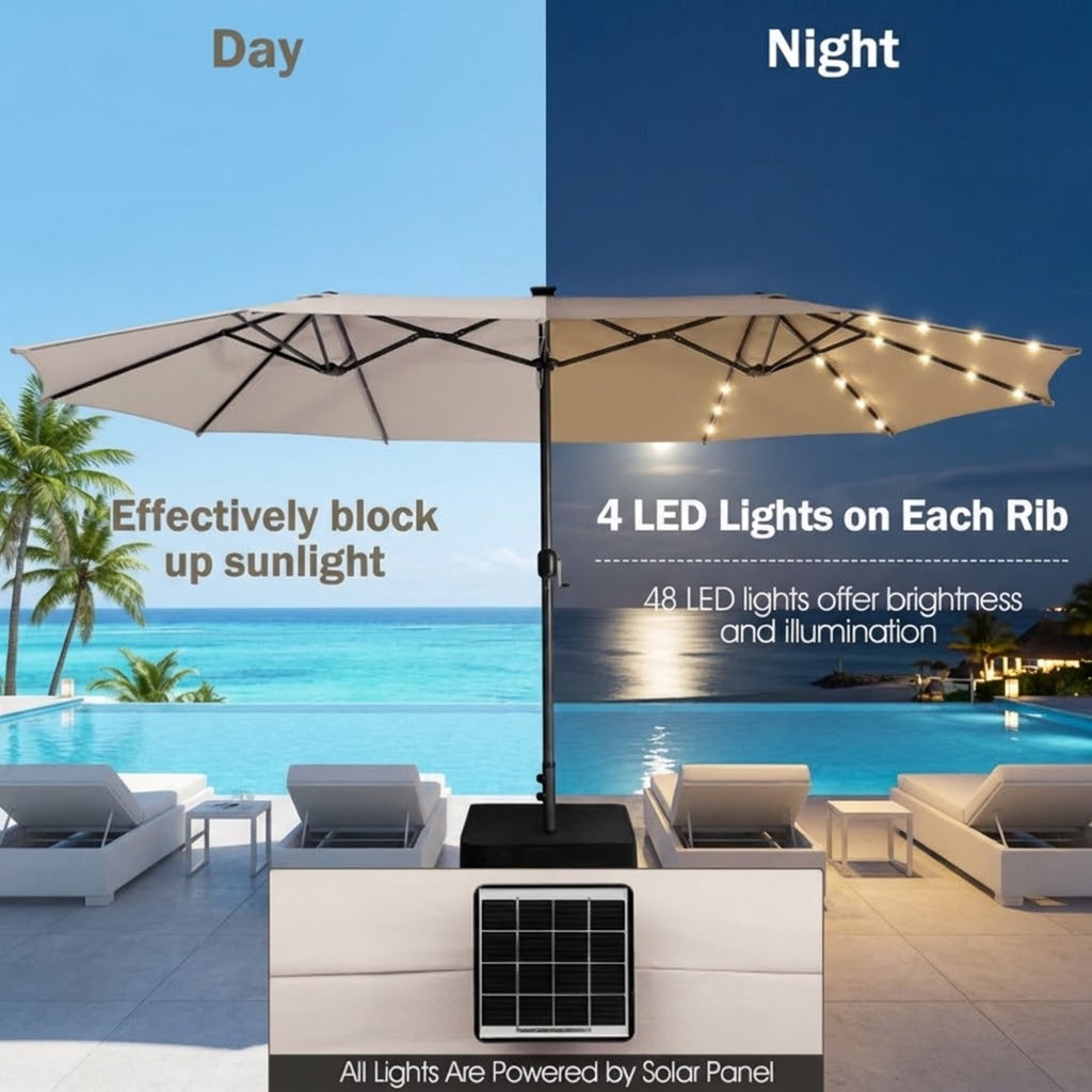 Biotree 15 Feet Twin Patio Umbrella with 48 Solar LED Lights-Beige Beige/Light Brown/Orange/Dark Red/Gray/Turquoise