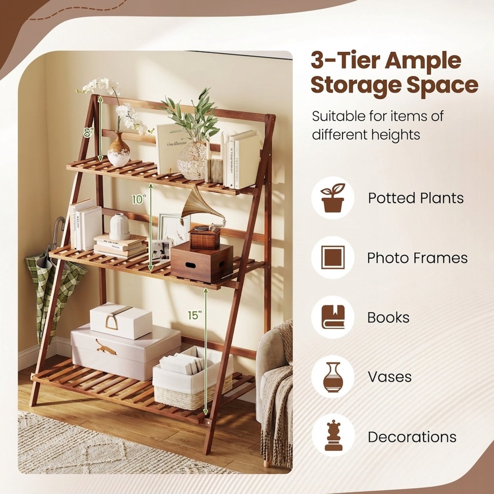 Biotree 3-Tier Bamboo Plant Stand Foldable Ladder Shelf Indoor Outdoor Flower Pot Display Rack Natural
