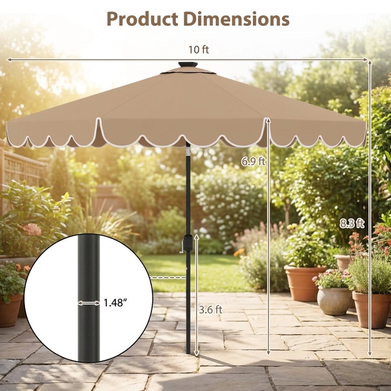 Biotree 10 ft Market Patio Umbrella with Crank and Tilt, 8 Sturdy Ribs, Vented Canopy - Beige for Backyard
