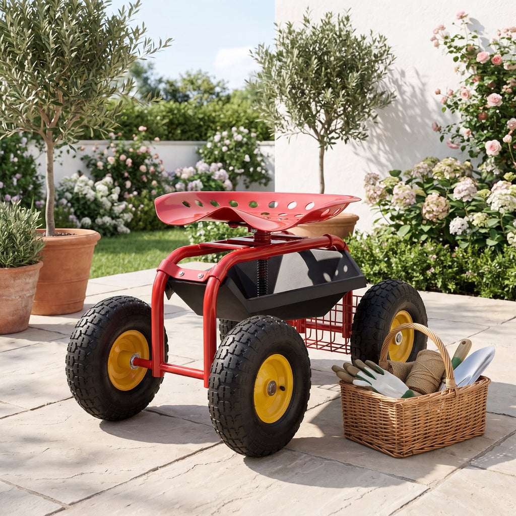 Biotree Rolling Garden Cart with Seat, 360¡ãSwivel Seat Adjustable Height,330lbs Load Capacity, Wagon Scooter with Storage Bracket and Tool Tray, Suitable for Patio Yard, Red