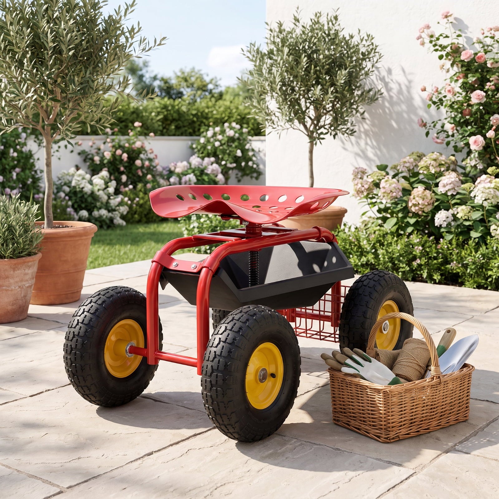 Biotree Rolling Garden Cart with Seat, 360¡ãSwivel Seat Adjustable Height,330lbs Load Capacity, Wagon Scooter with Storage Bracket and Tool Tray, Suitable for Patio Yard, Red
