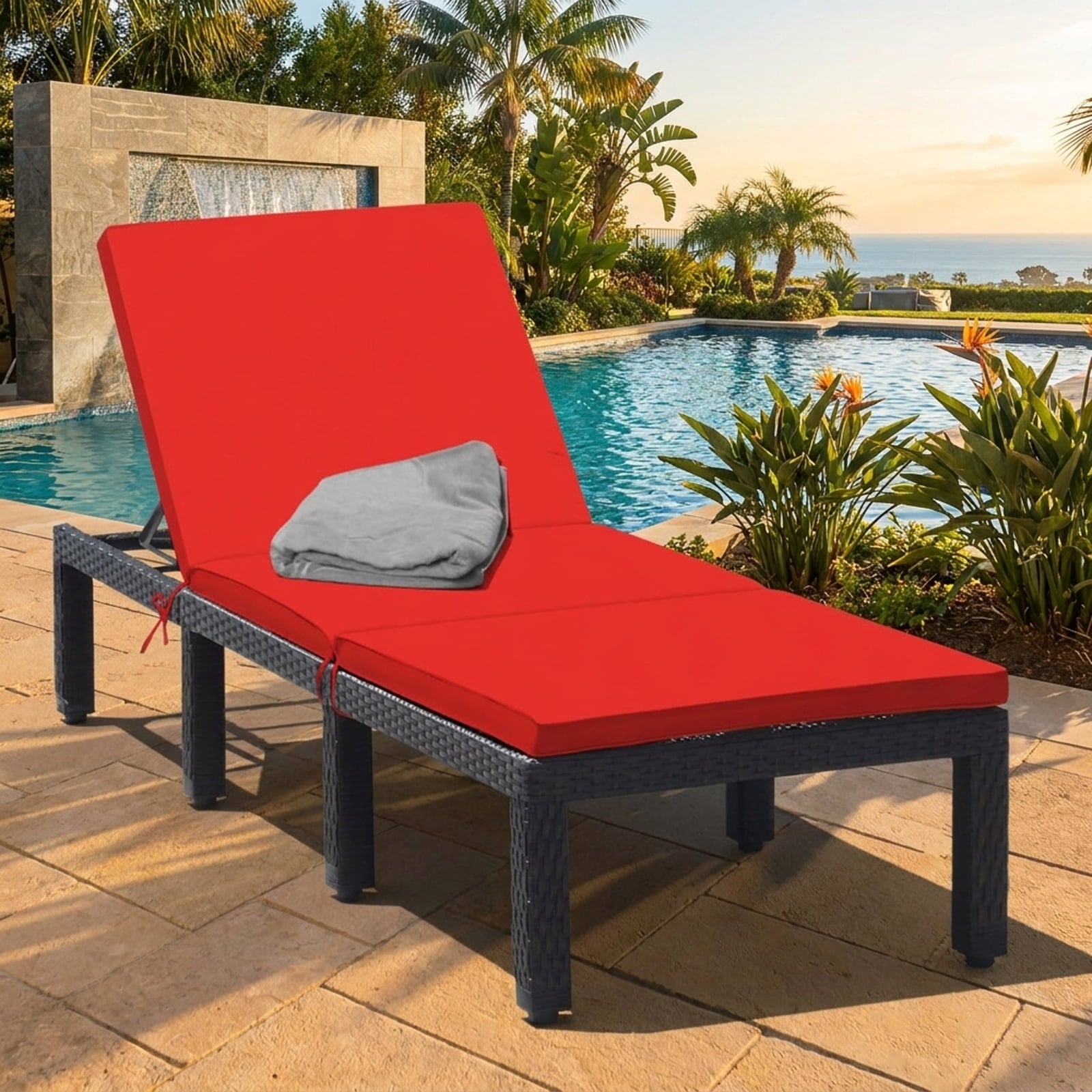Biotree Patio Rattan Cushioned Height Adjustable Lounge Chair Stackable Patio Chair for Garden BackyardRed Off White