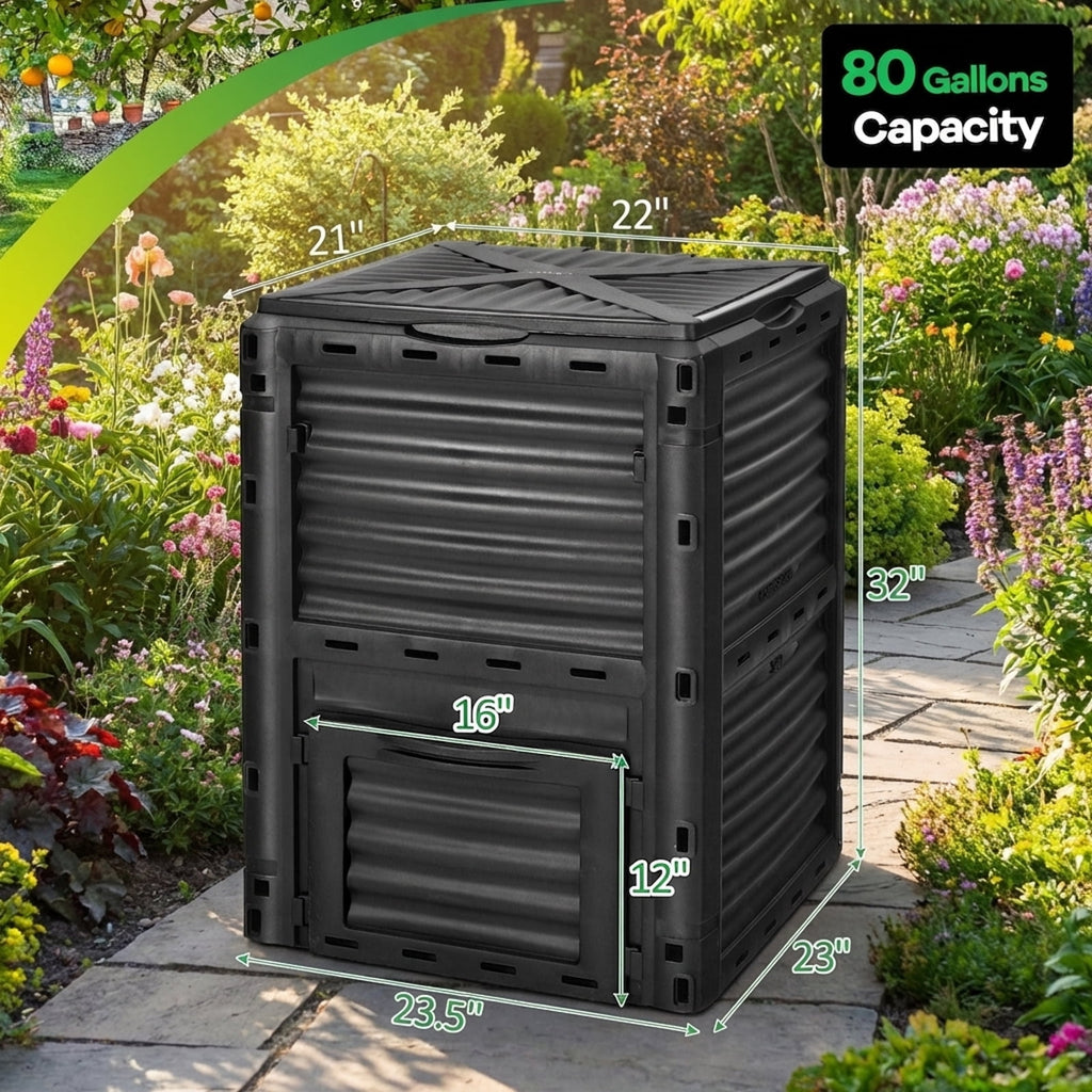 Biotree 80-Gallon Outdoor Composter with Large Openable Lid and Bottom Exit Door-Black Garden Organic