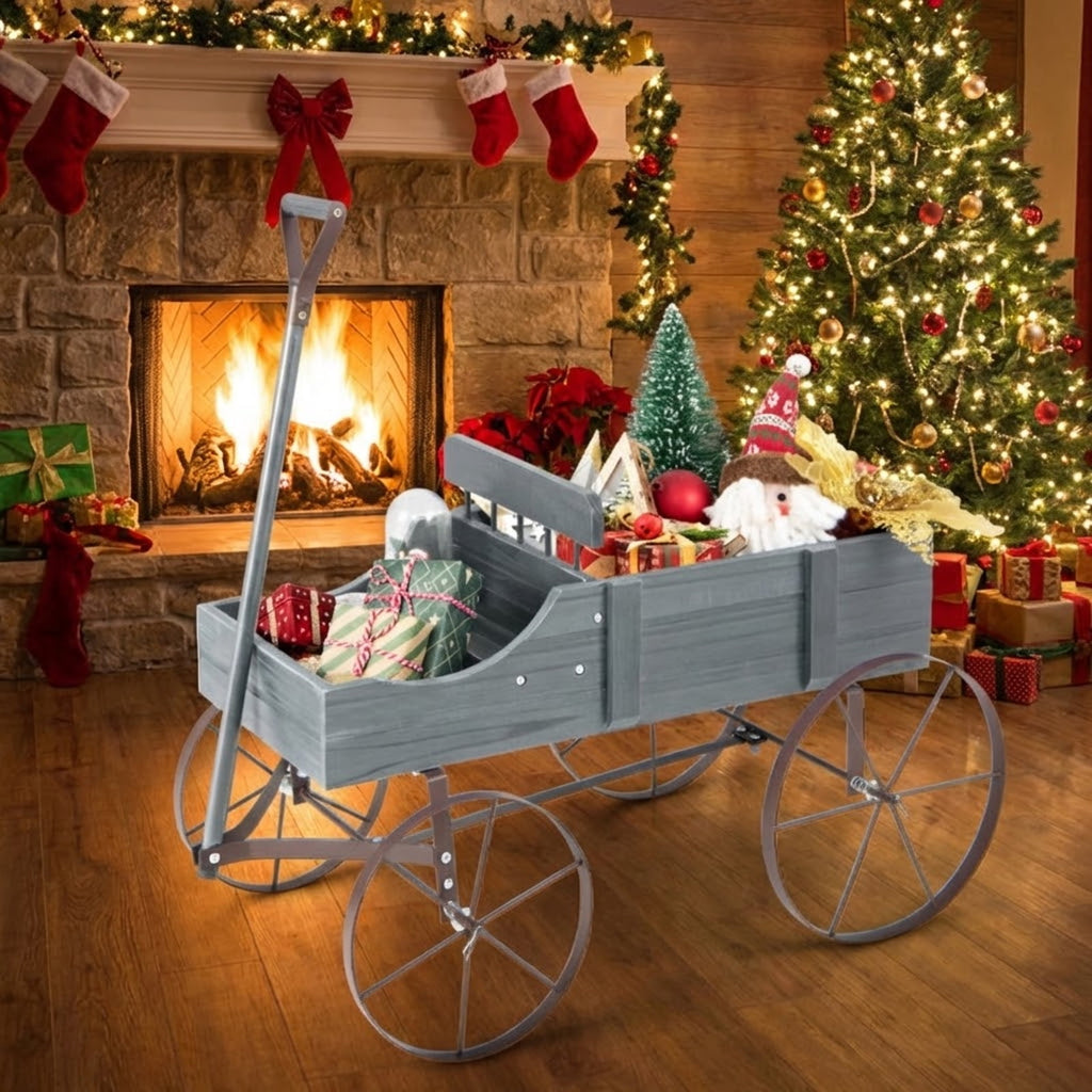 Biotree Wooden Wagon Plant Bed with Metal Wheels for Garden Yard Patio-Gray,Green