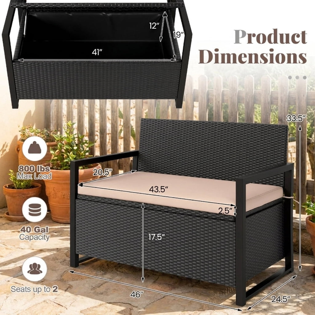Biotree Patio Storage Bench Outdoor Wicker Loveseat with Built-in 40-Gallon Weatherproof Storage and Cushion , Brown