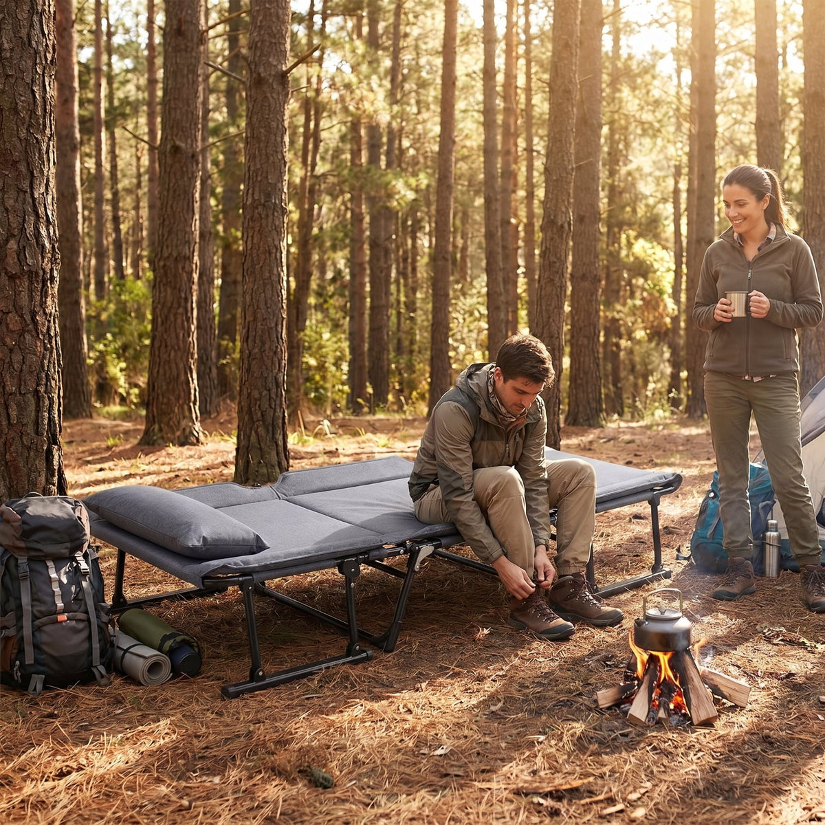 Biotree Folding Camping Cot 3 in 1 Convertible Padded Single Sofa Chair with Sturdy Steel Frame and 375 lbs Capacity for Outdoor Camping and Backyard Lounging, Gray