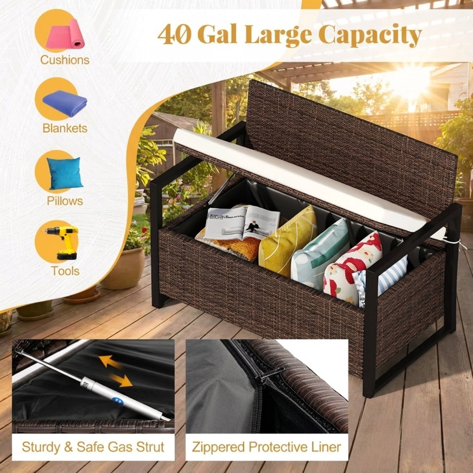 Biotree Patio Storage Bench Outdoor Waterproof for Patio Deck Garden Cushions, Brown