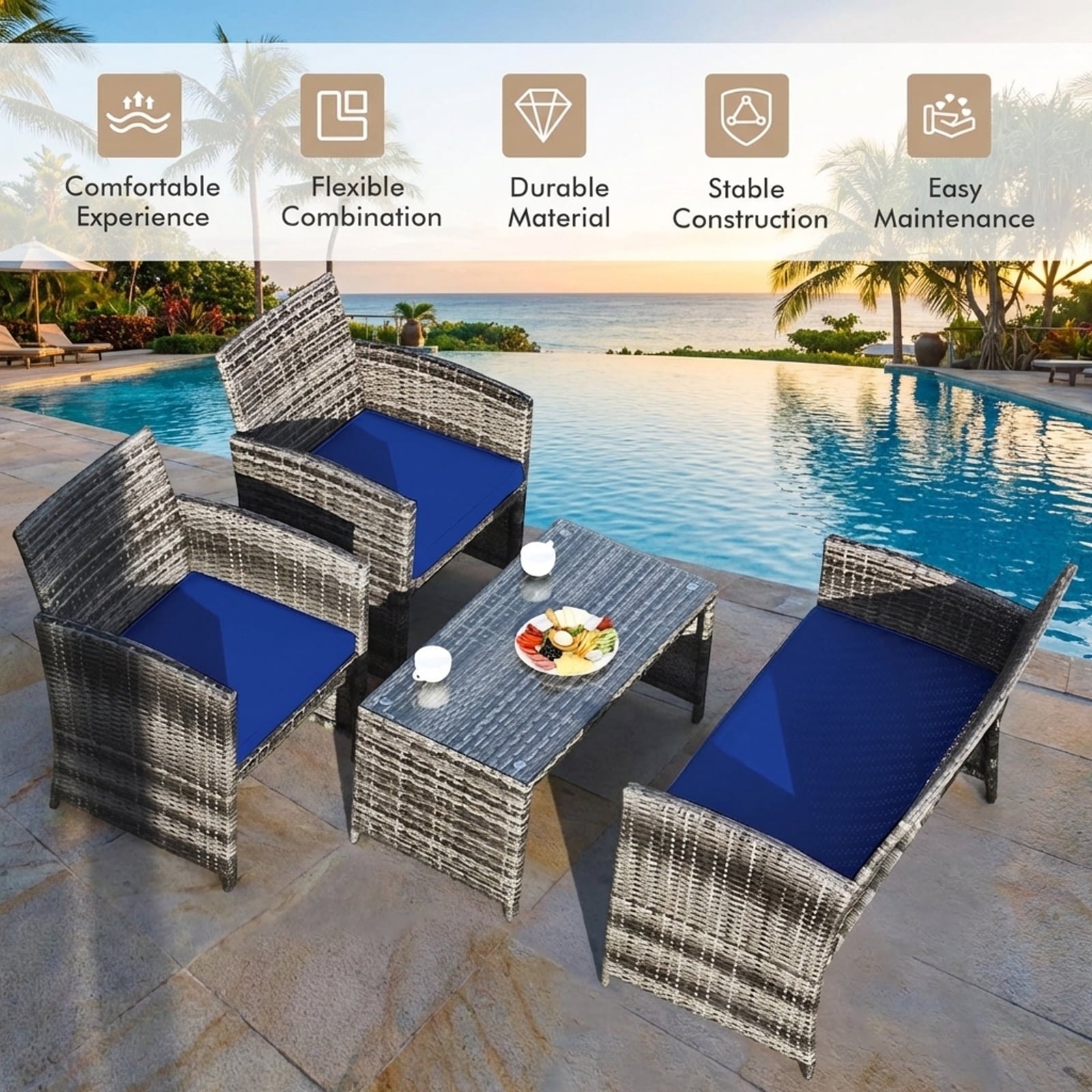 Biotree 4-Piece Patio Rattan Furniture Set with Glass Table-Navy