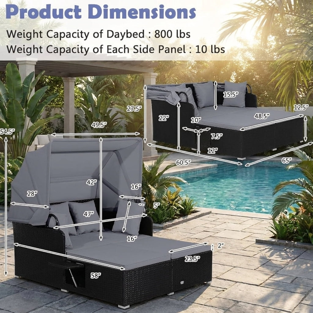 Biotree Patio Rattan Daybed with Retractable Canopy and Side Tables Outdoor Conversation Set for Garden Backyard PorchGray