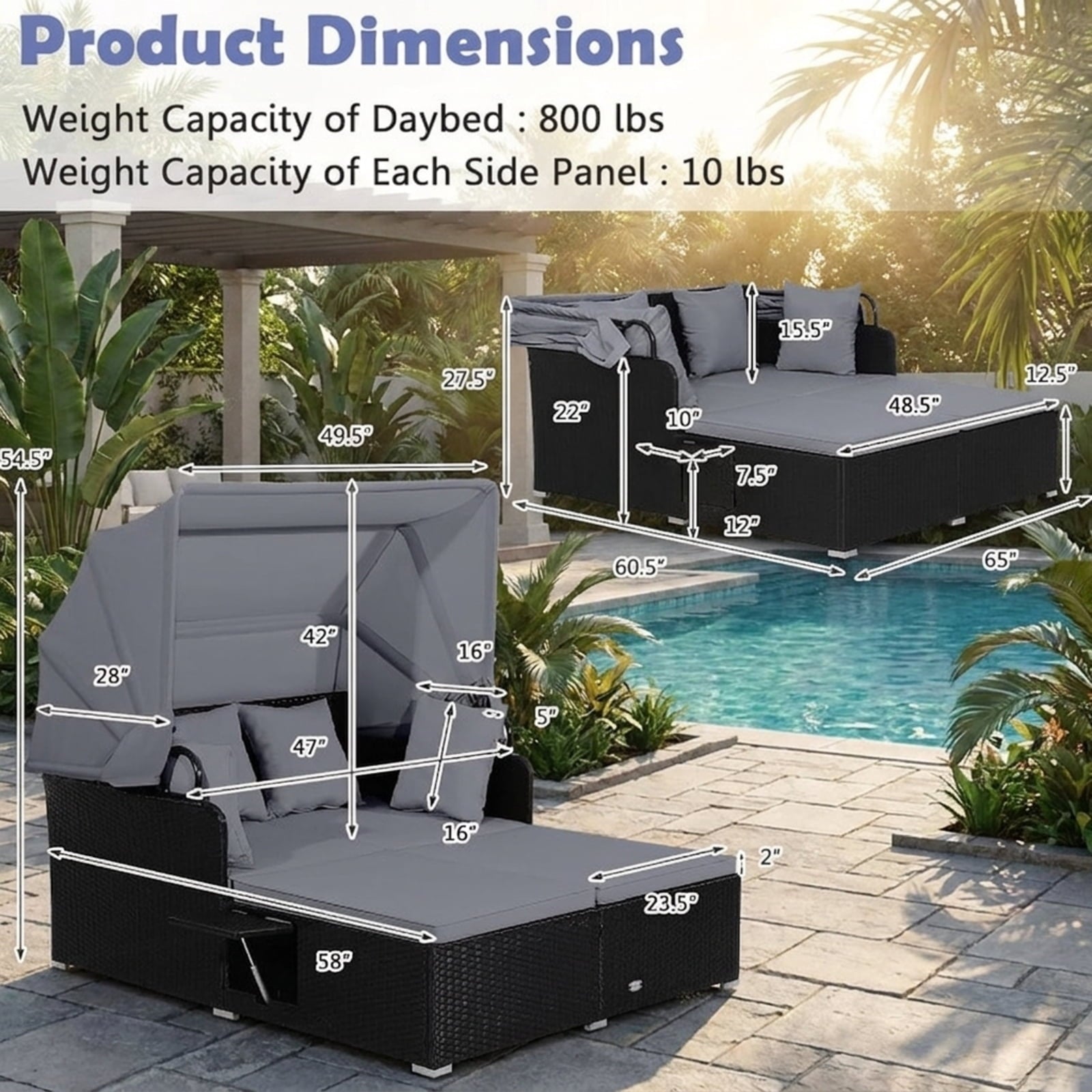 Biotree Patio Rattan Daybed with Retractable Canopy and Side Tables Outdoor Conversation Set for Garden Backyard PorchGray