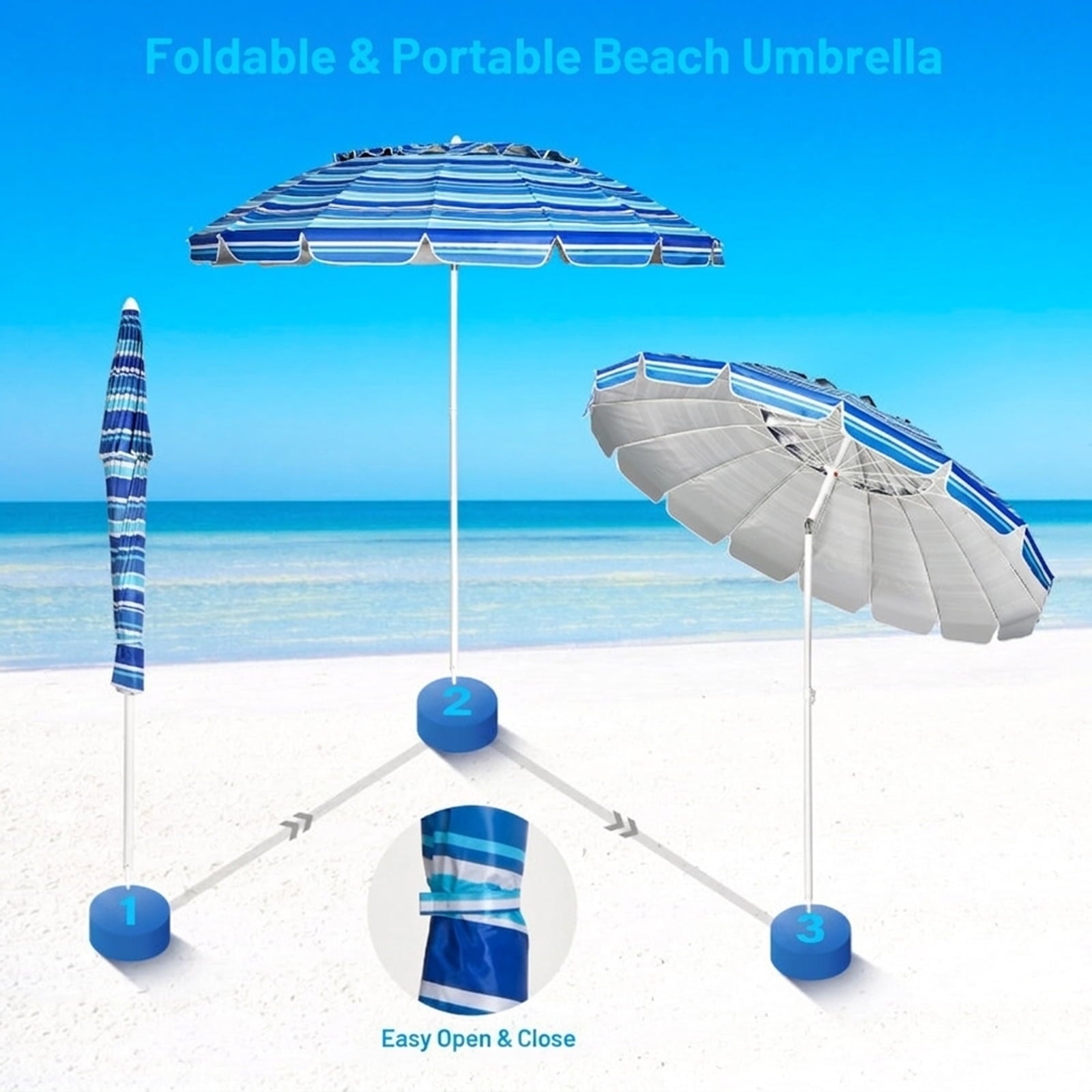 Biotree 8.0 ft Portable Beach Umbrella with Carrying Bag, 16 Ribs, Sand Tilt Mechanism - Navy Blue for Backyard
