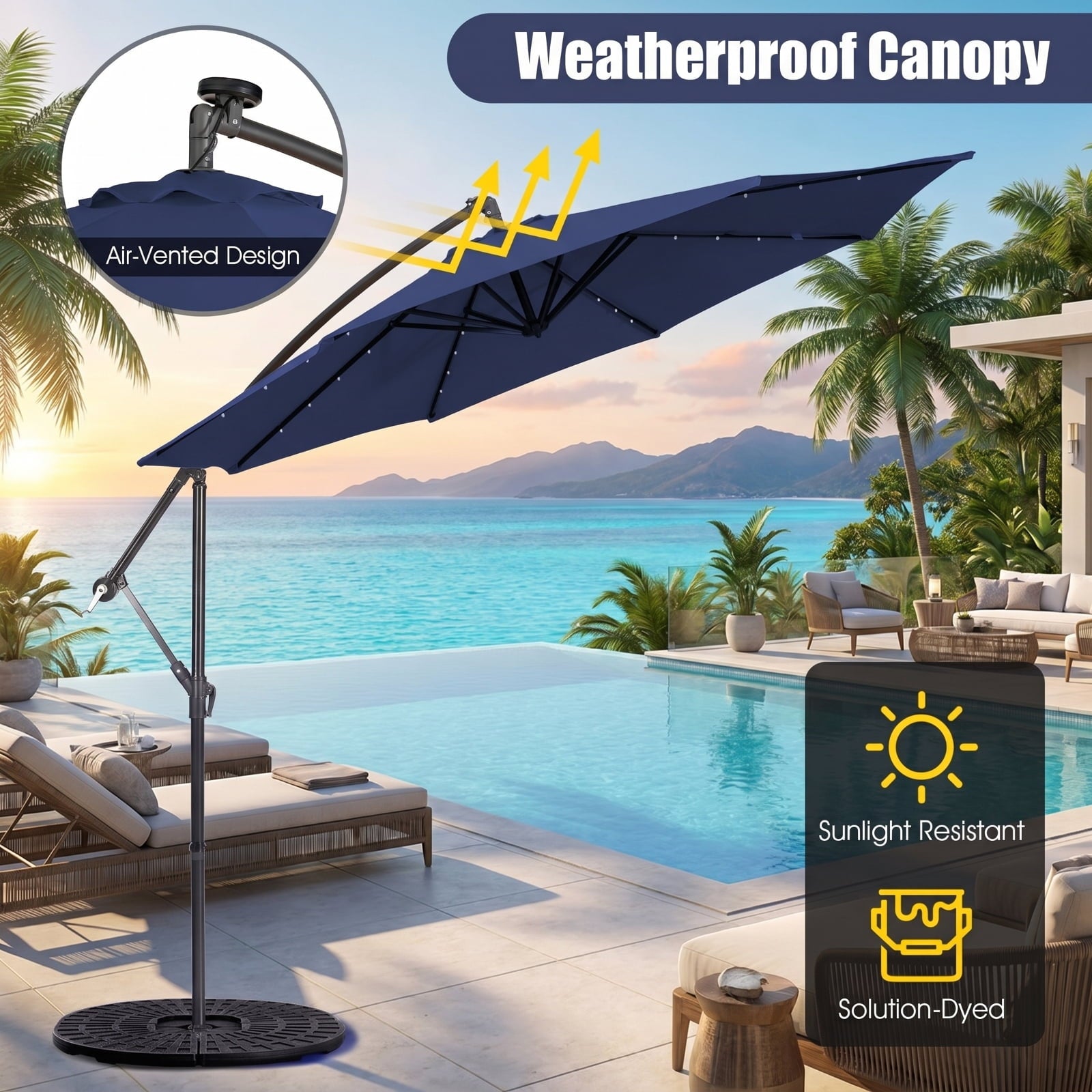 Biotree 10 ft Cantilever Offset Patio Umbrella Solar Powered Outdoor Shade - Blue - UV Protection with Cross Base