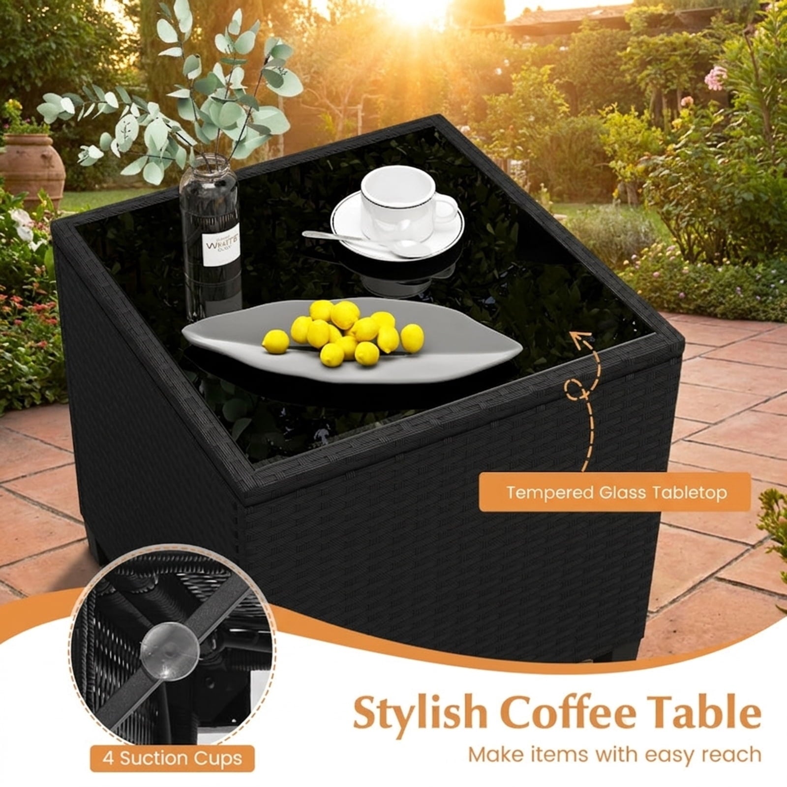 Biotree 3 Pieces Patio Furniture Set with Tempered Glass Coffee Table Outdoor Conversation Set for Garden Backyard PorchBlack