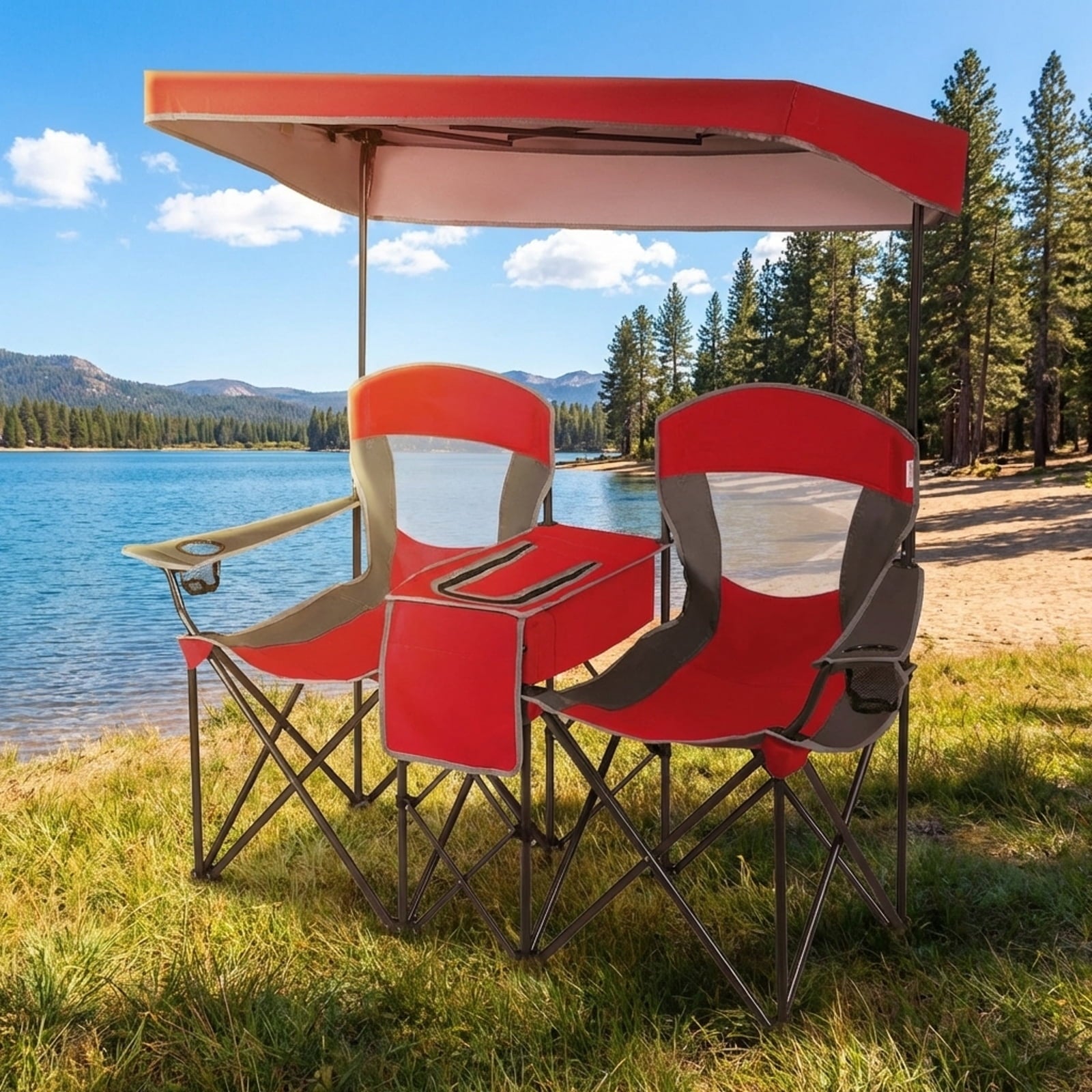Biotree Folding Camping Chair with Sun Shade Canopy and Cup Holder 2-Person Portable Outdoor Double Chair for Beach Picnic, Red