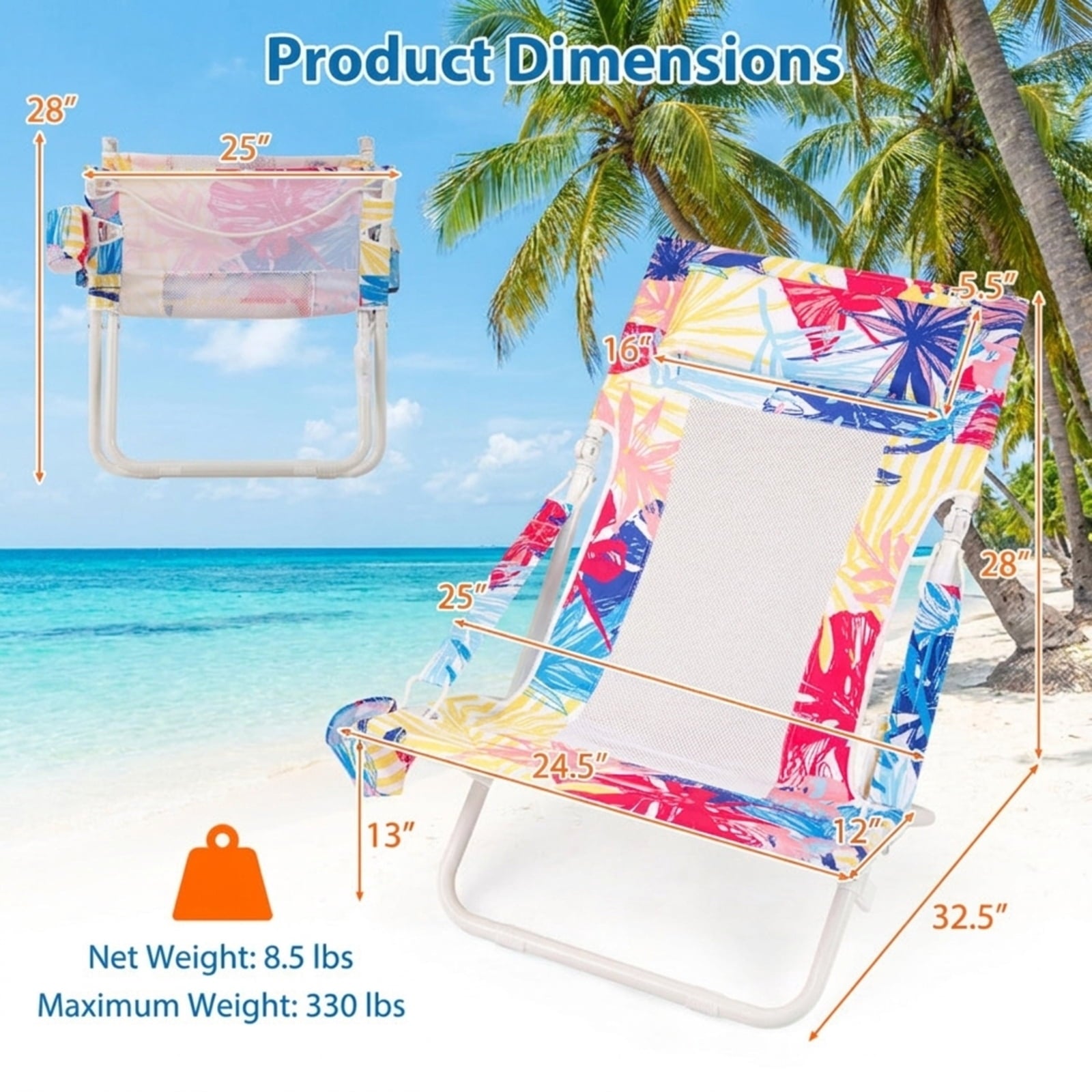 Biotree Folding Low Beach Chair Set of 2 Patio Sling Chairs with Padded Head Pillow Stackable Patio Chair for Garden BackyardPink