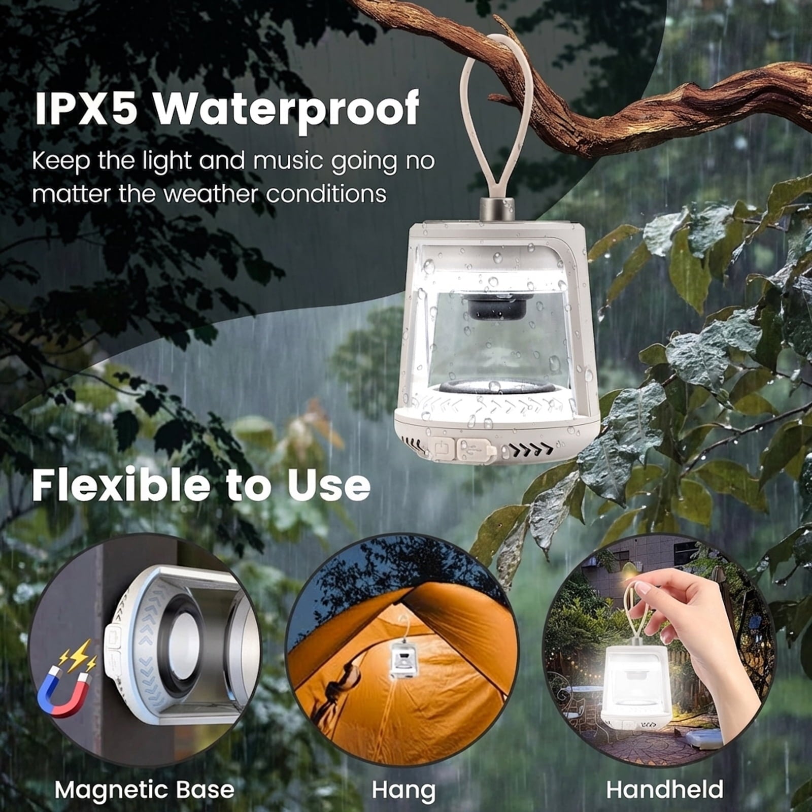 Biotree Outdoor Waterproof Camping Lantern Speaker with 3 LED Light Colors, White
