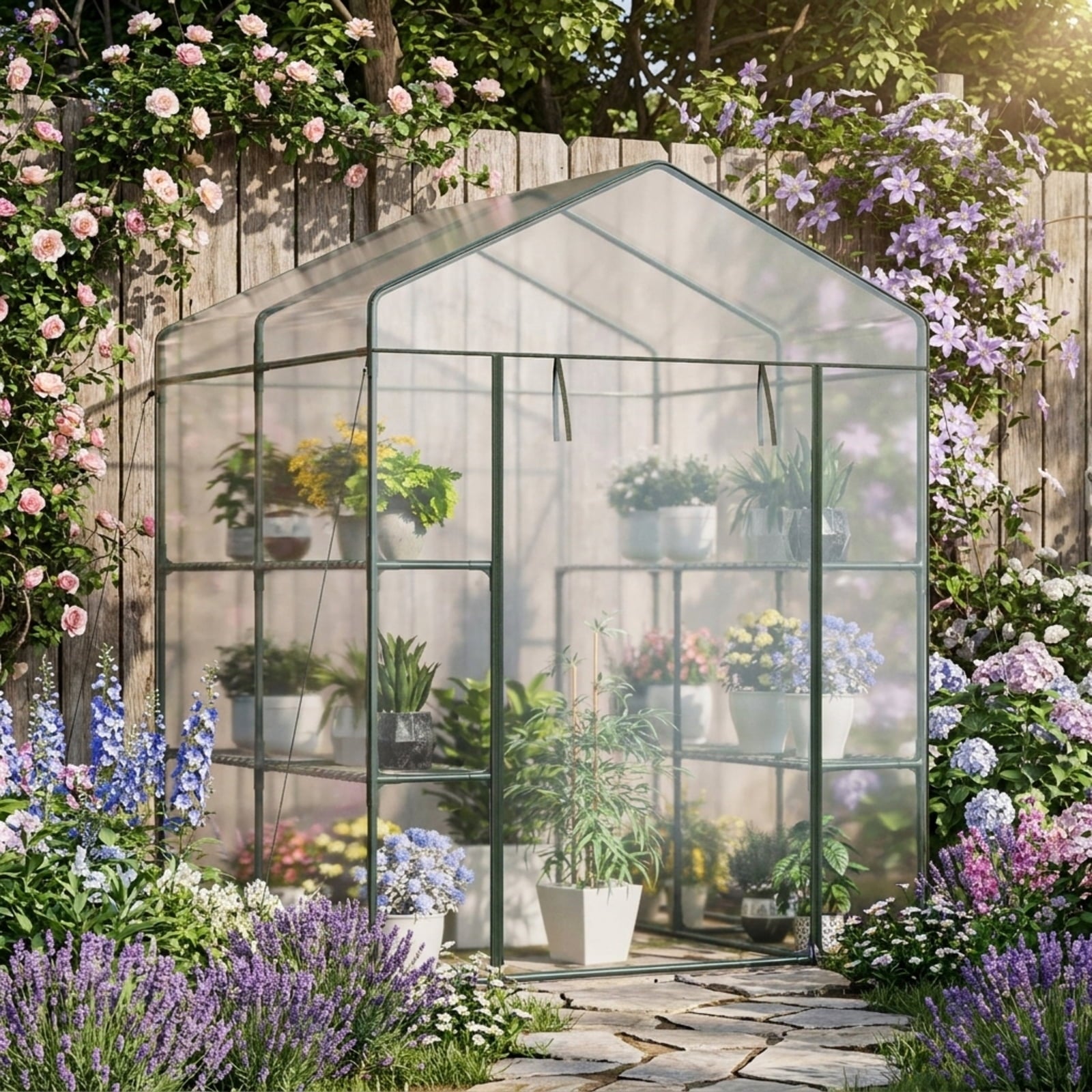 Biotree Walk-in Greenhouse with 3 Tiers 8 Shelves PVC Cover Roll for Outdoor Garden Backyard Patio Vegetables Flowers, Transparent