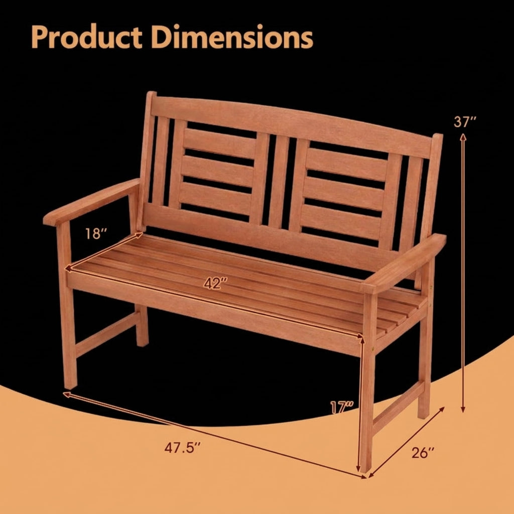 Biotree Outdoor Solid Wood Loveseat Hardwood 2-Seat Bench with Inclined Backrest and Slatted SeatTeak