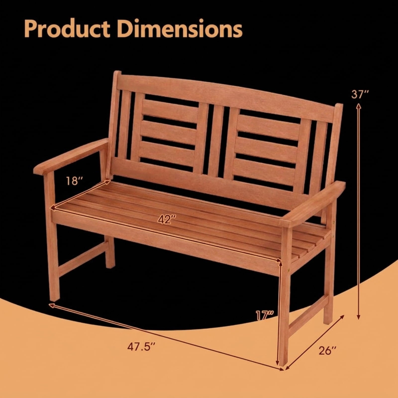Biotree Outdoor Solid Wood Loveseat Hardwood 2-Seat Bench with Inclined Backrest and Slatted SeatTeak