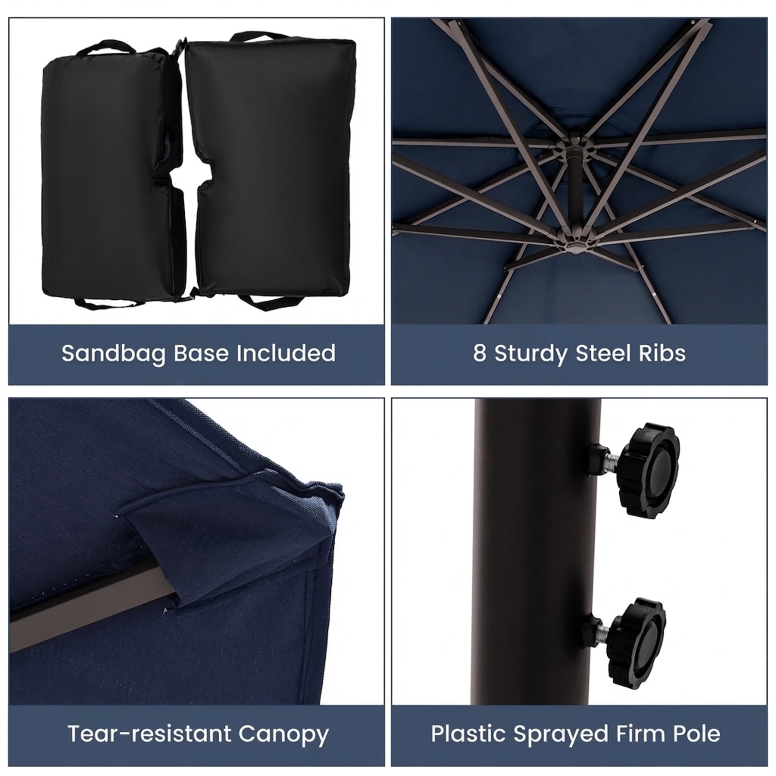 Biotree 10 Feet Cantilever Umbrella with 32 LED Lights and Solar Panel Batteries-Navy Outdoor Backyard