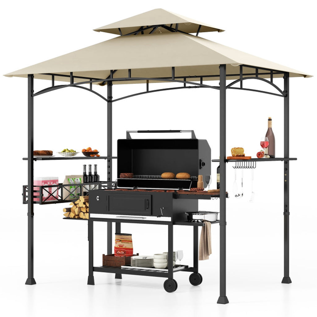 Biotree 8 x 5 Feet Outdoor Grill Gazebo with 2 Side Shelves and 10 Hooks Beige - Outdoor Patio Backyard Garden Shade Canopy Shelter