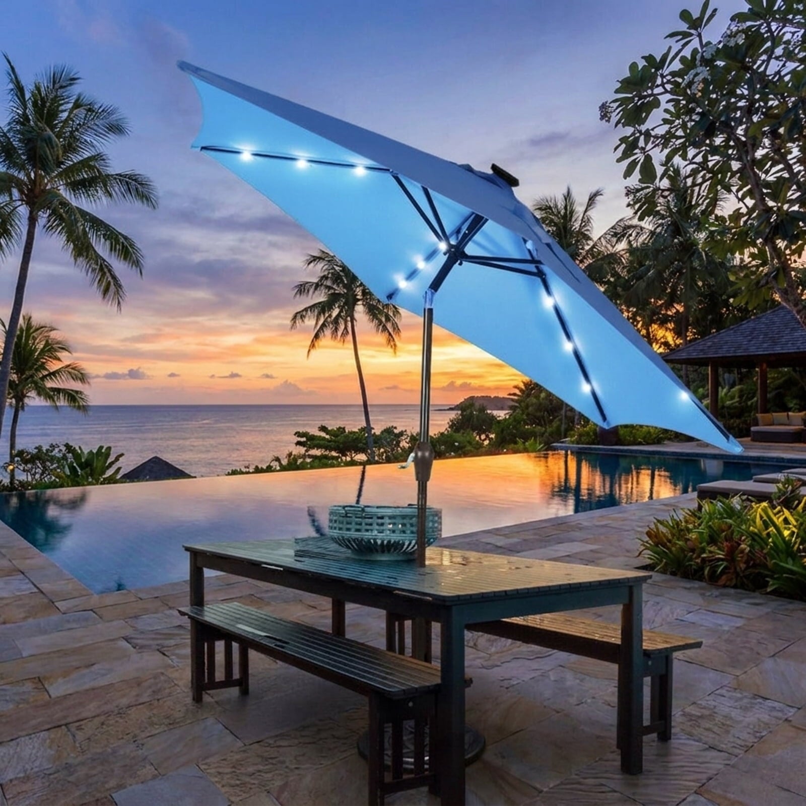 Biotree 9 ft Solar LED Market Patio Umbrella with Crank and Tilt, 6 Sturdy Ribs, Vented Canopy - Navy Blue