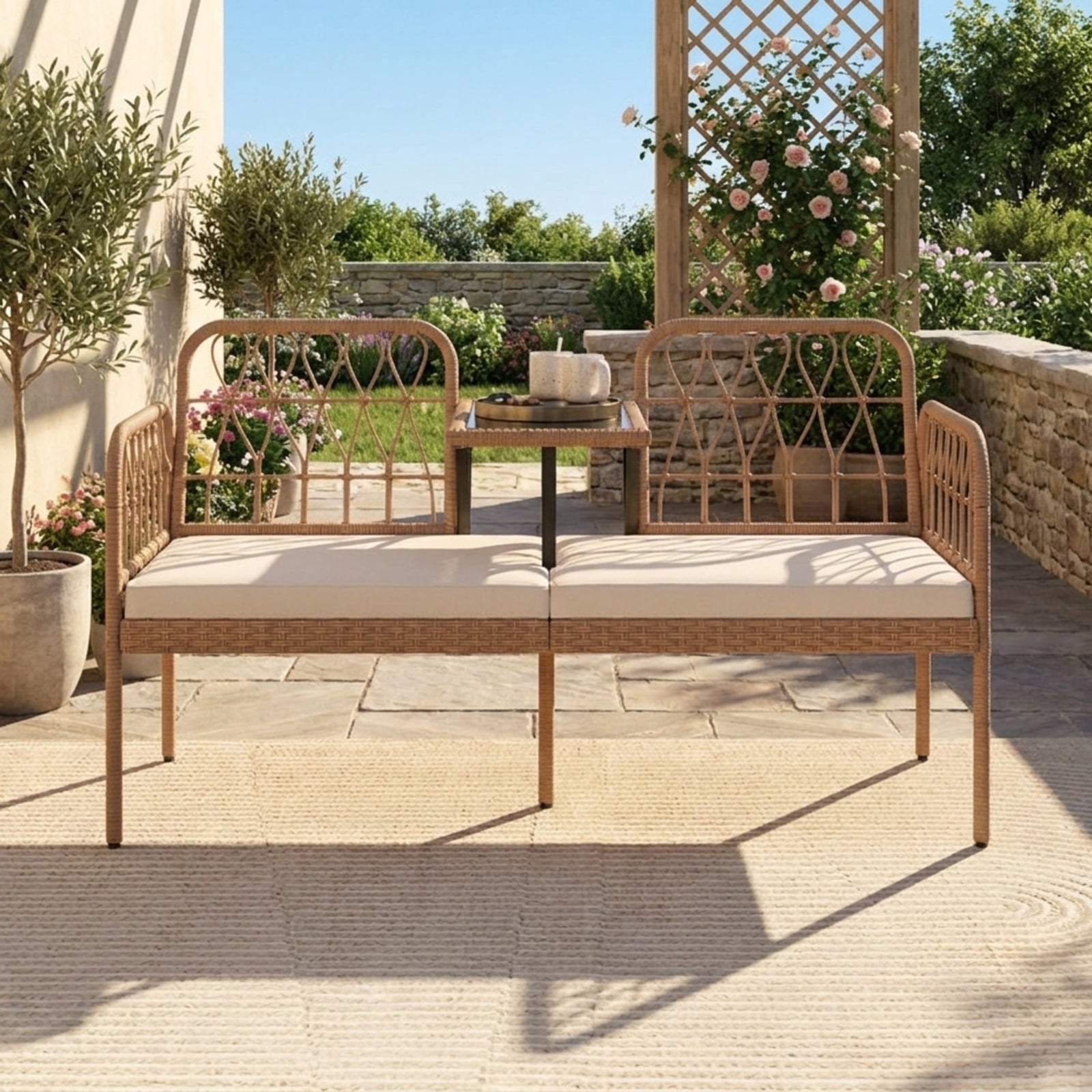Biotree 2-Seat PE Rattan Outdoor Loveseat with Built-in Coffee Table and Soft Cushions Stackable Patio Chair for Garden BackyardWhite