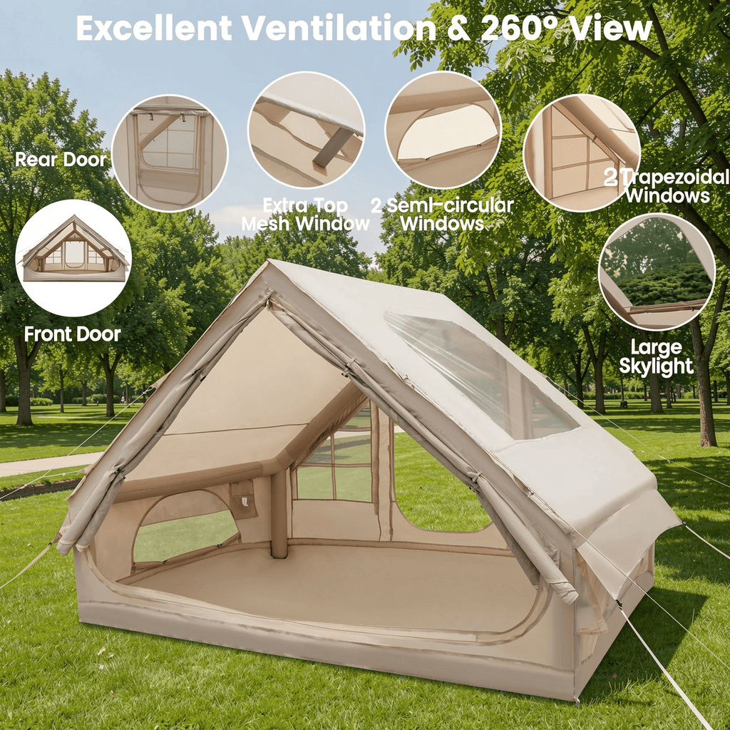 Biotree 4-6 Person Inflatable Camping Tent with Front Porch and Carrying Bag for Family Outdoor Adventures, Beige