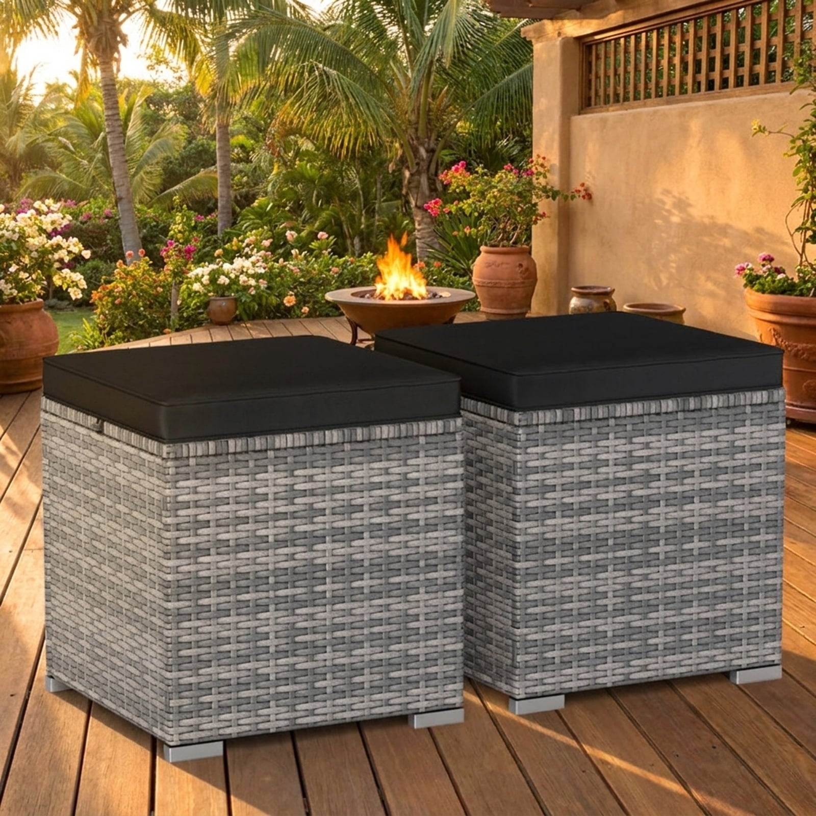 Biotree 2 Pieces Patio Ottoman with Hidden Storage Space-Mix Grey Stackable Patio Chair for Garden Backyardblack