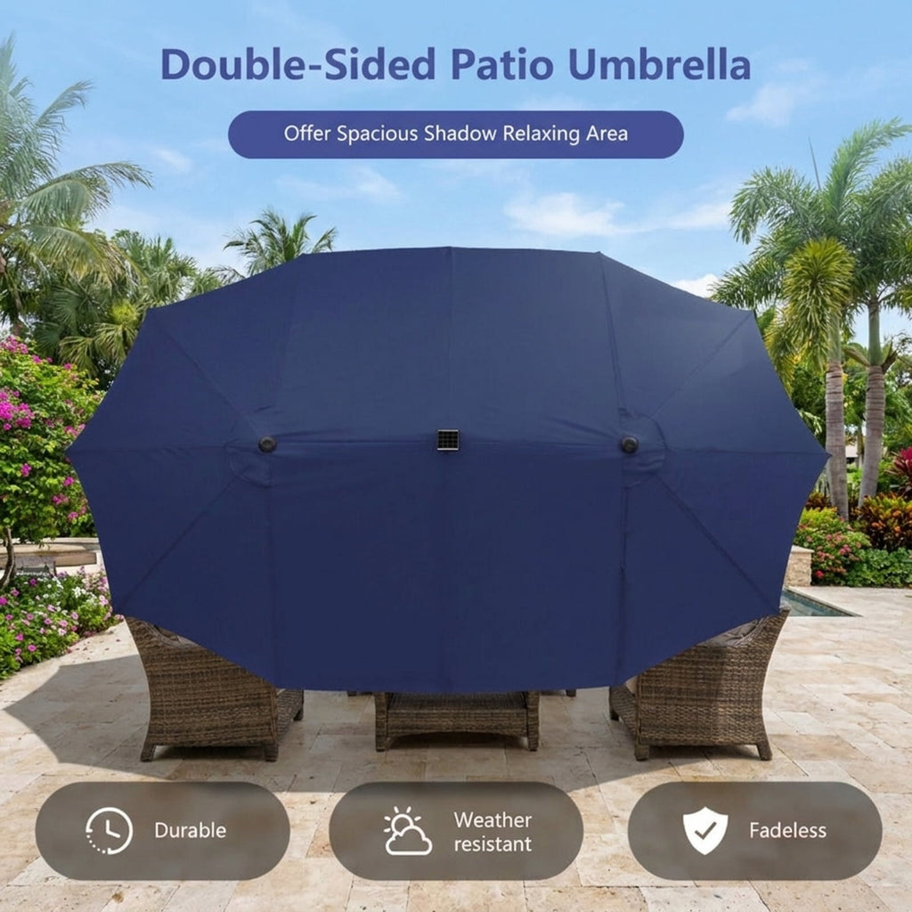 Biotree 15 ft Double-Sided Twin Patio Umbrella Solar LED Lights Outdoor Shade - Blue - UV Protection