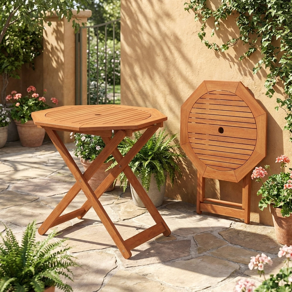 Biotree Octagon Folding Patio Table with 2 Inches Umbrella Hole, Brown