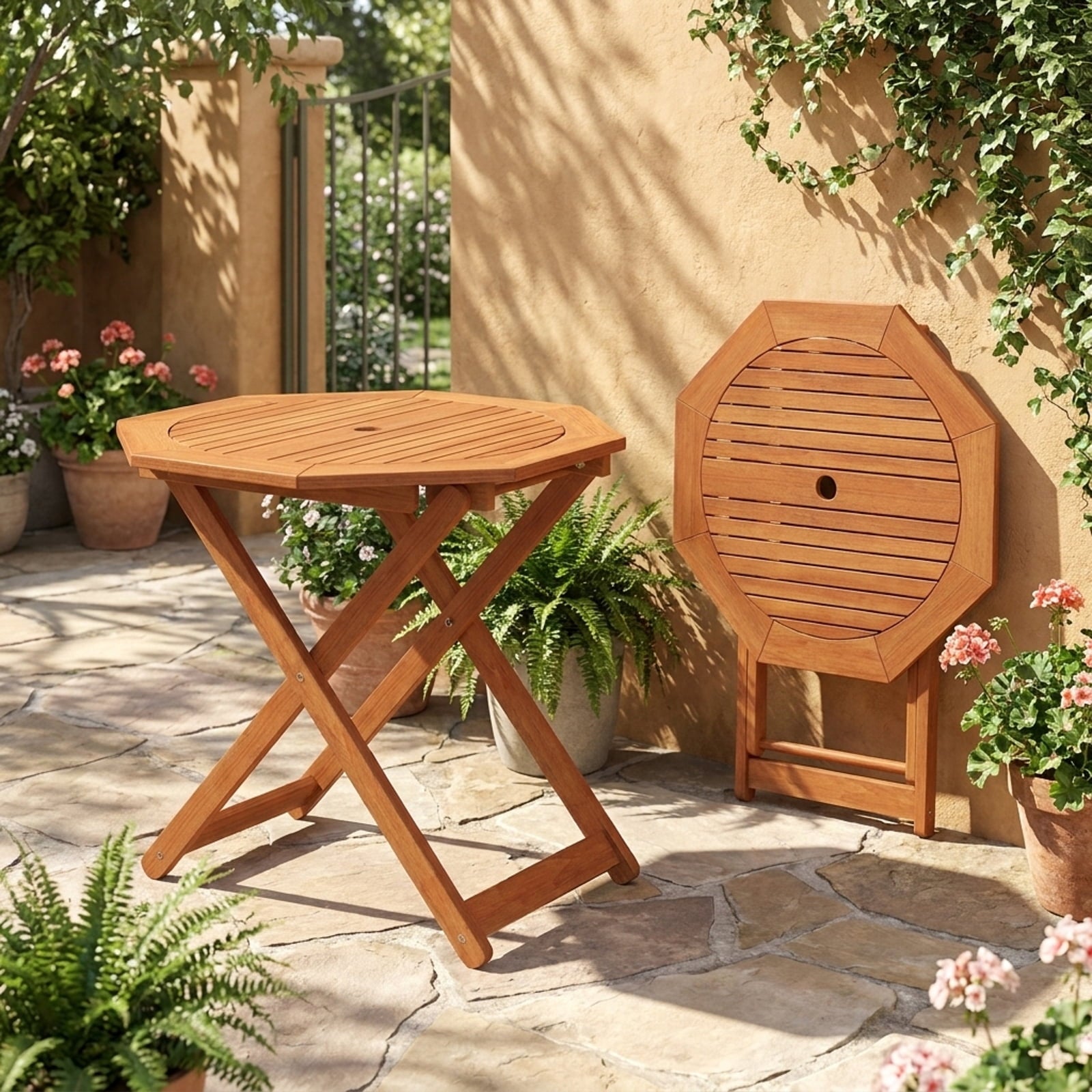 Biotree Octagon Folding Patio Table with 2 Inches Umbrella Hole, Brown
