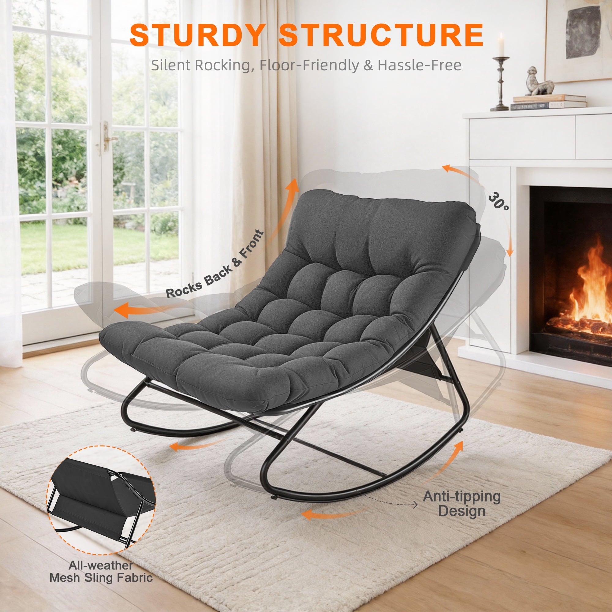 Biotree Oversized Outdoor Rocking Chair,Patio Rocker with Thick Cushion, Weather Resistant Mesh Rocking Chair for Porch, Backyard, Garden,Steel Frame,Gray