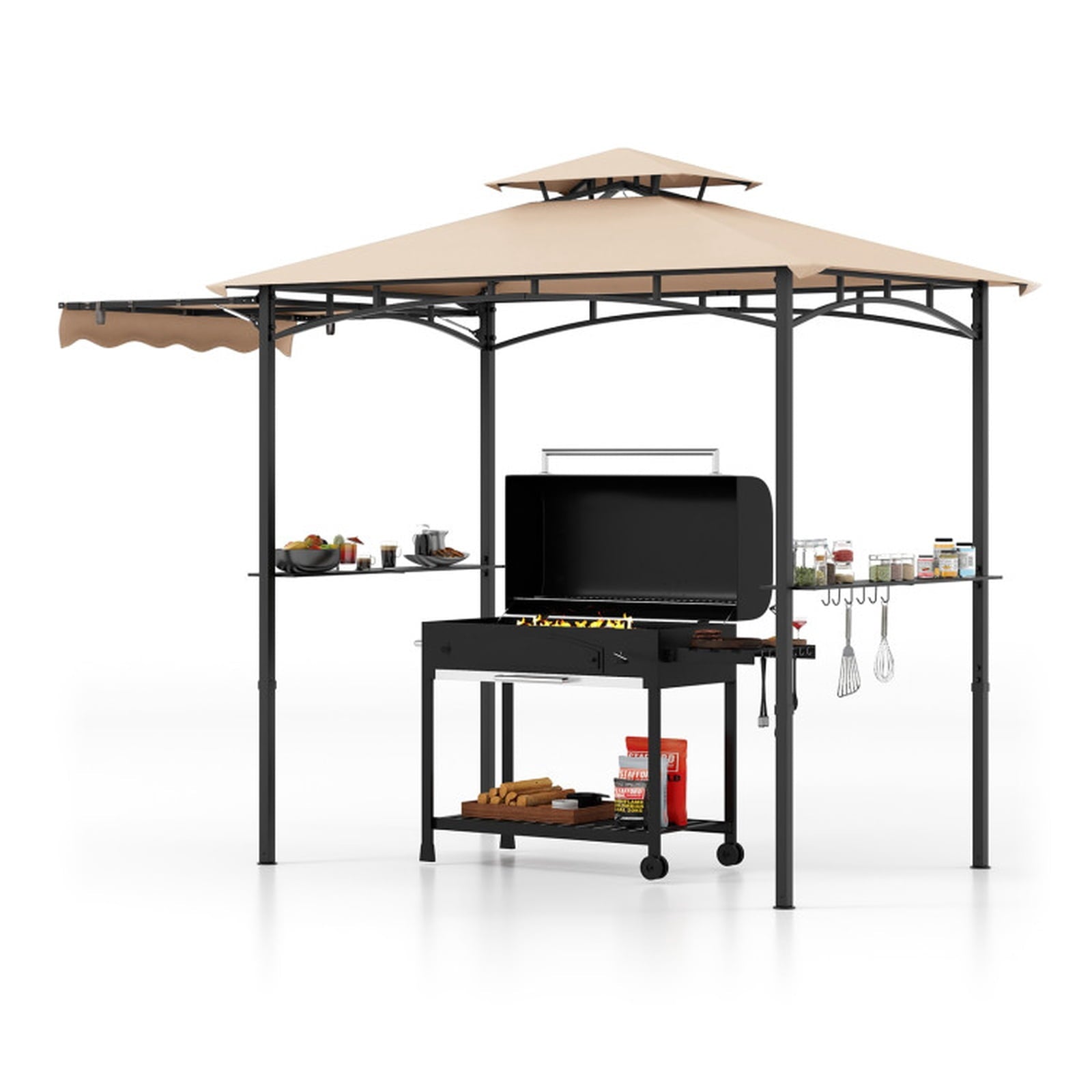 Biotree 11 x 5 FT Grill Gazebo with Side Awning and Double-Tiered Top Beige - Outdoor Patio Backyard Garden Shade Canopy Shelter