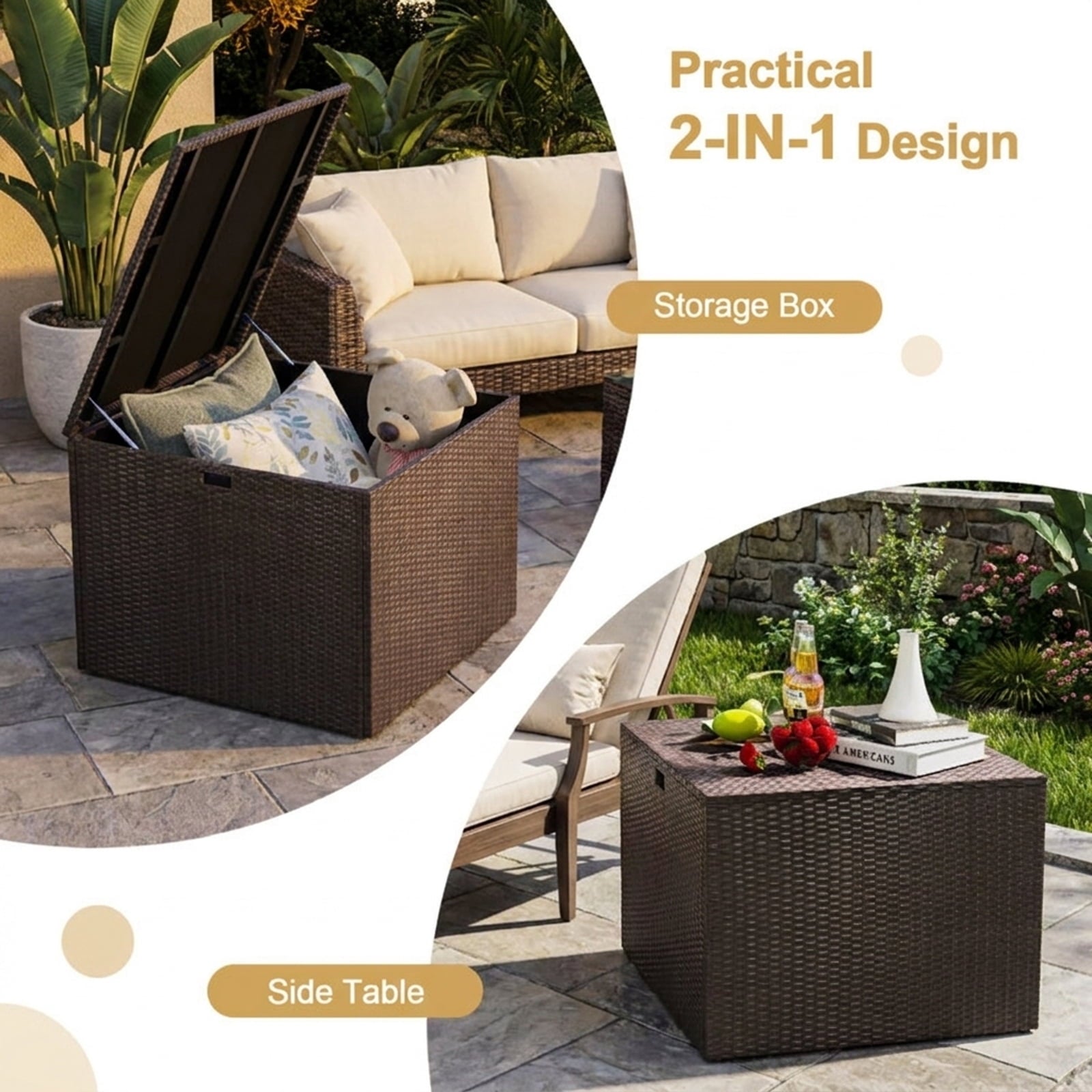 Biotree 72 Gallon Rattan Outdoor Storage Box with Zippered Liner and Solid Pneumatic Rod Outdoor Waterproof for Patio Deck Garden Cushions, Brown