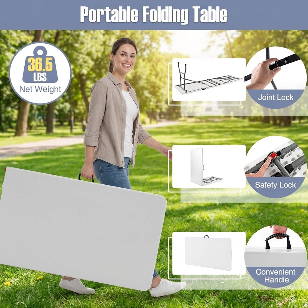Biotree 8 ft Portable Folding Table 350 LBS Fold in Half Table with HDPE Tabletop, White