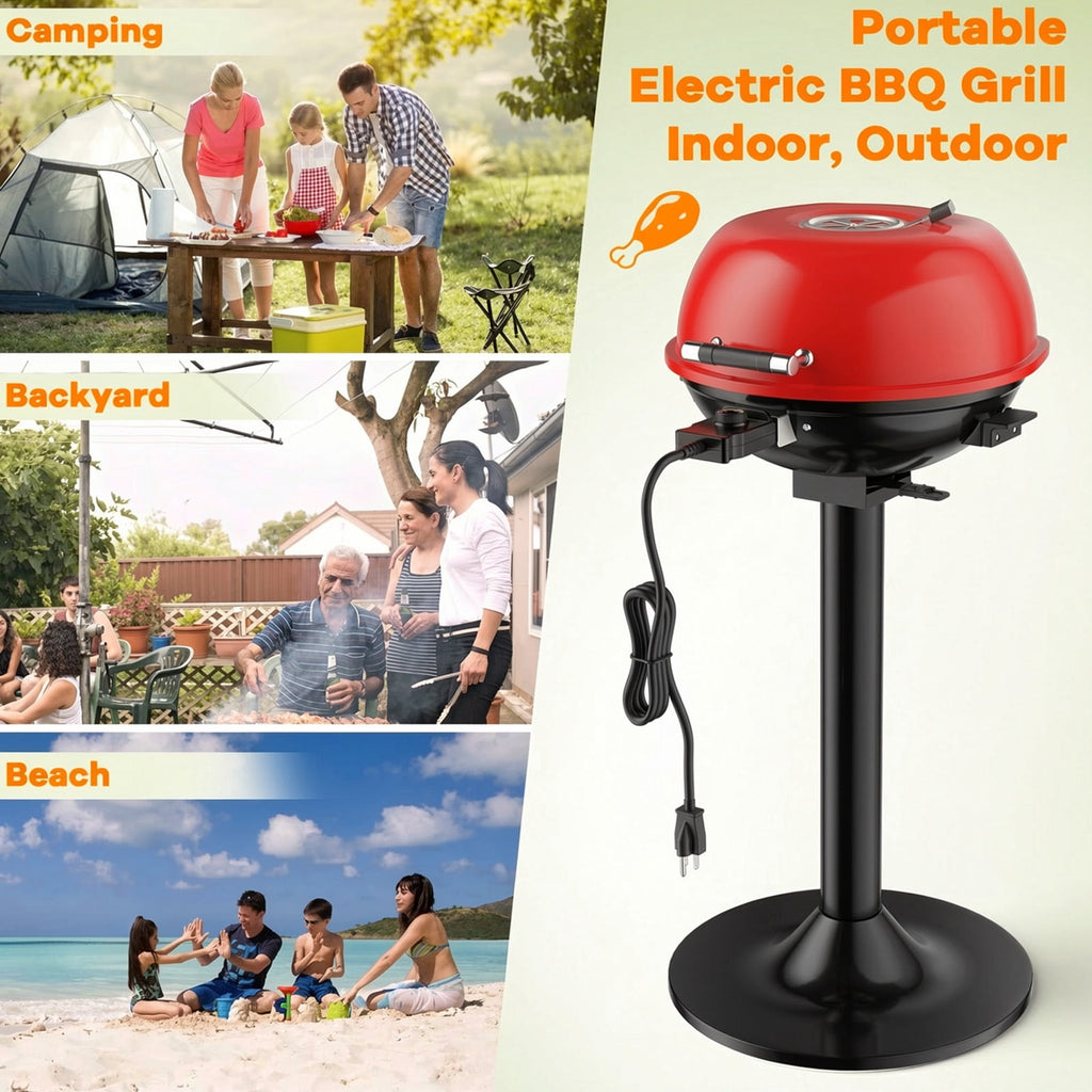 Biotree 1600W Portable Electric BBQ Grill with Removable Non-Stick Rack-Black and Red Outdoor Cooking Patio