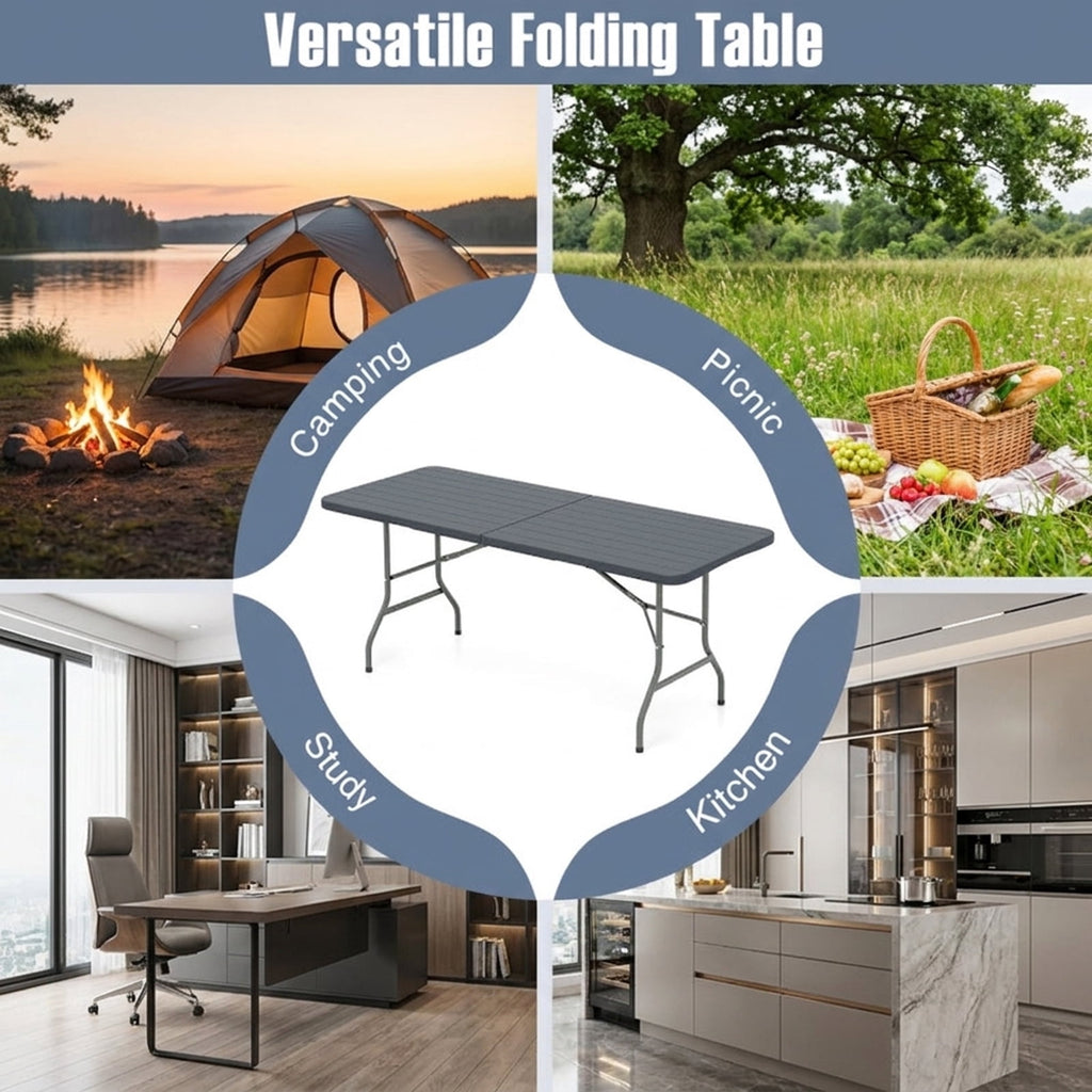 Biotree 6 Feet Folding Table with Wood Grain HDPE Tabletop and Safe Lock Mechanism, Gray
