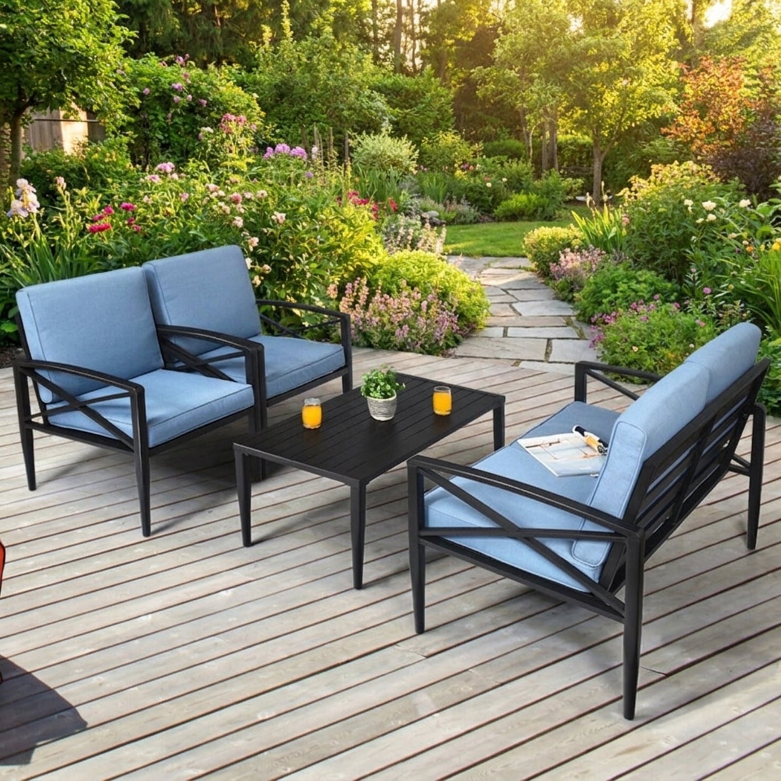 Biotree 4 Pieces Patio Furniture Set Aluminum Frame Cushioned Sofa Outdoor Conversation Set for Garden Backyard Porch