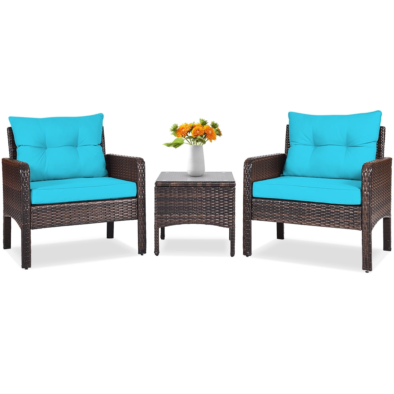 Biotree 3-Piece Patio Rattan Conversation Set-Turquoise