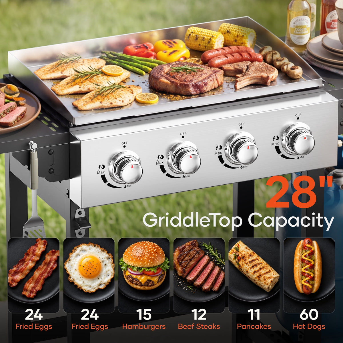 Biotree 4-Burner Propane Gas Griddle with Stainless Steel Pan,42,000 BTU Flat Top BBQ Grill with Two Foldable Shelves and Griddle Cover for Outdoor Camping Patio