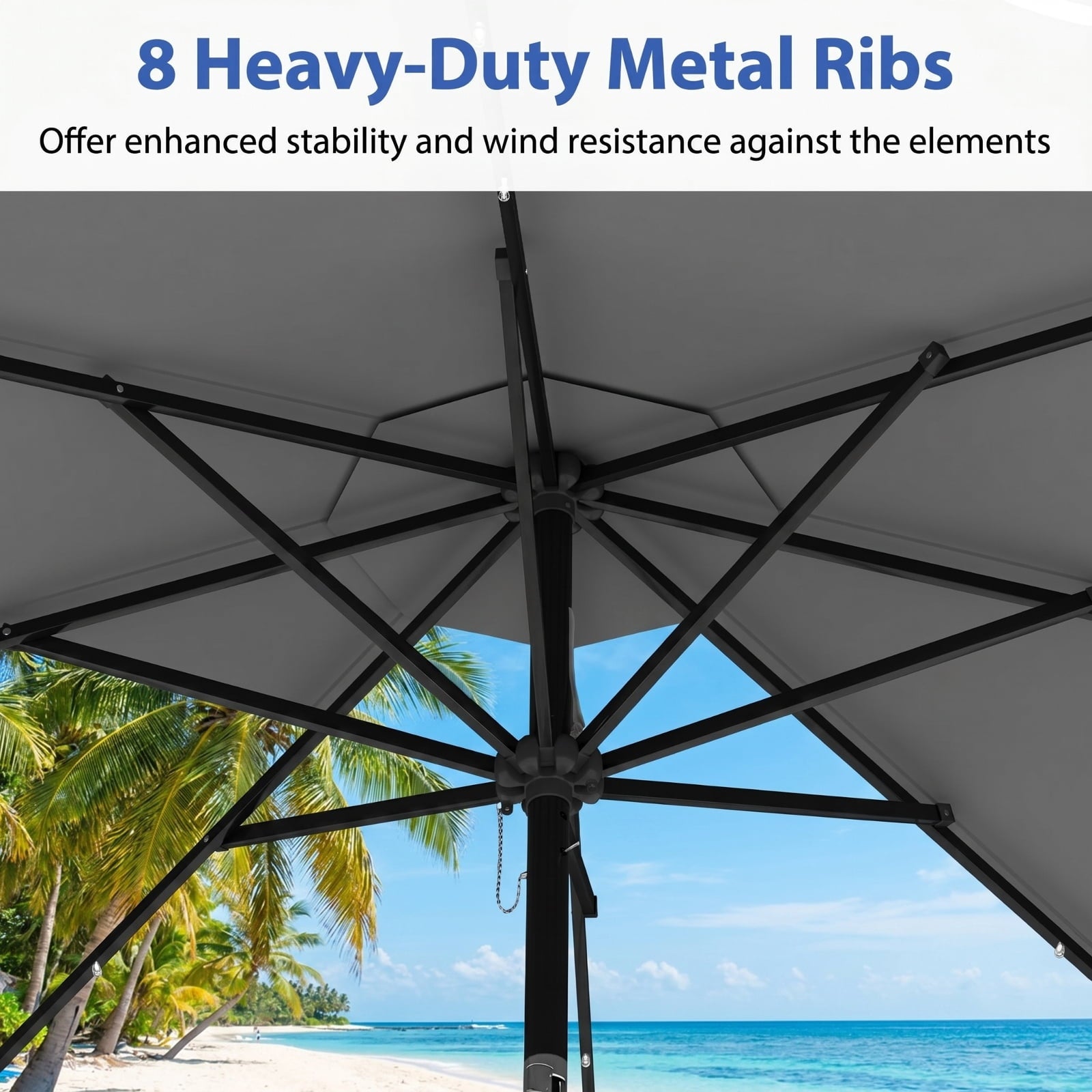 Biotree 10 ft Market Patio Umbrella with Crank and Tilt, 8 Sturdy Ribs, Vented Canopy - Gray for Backyard