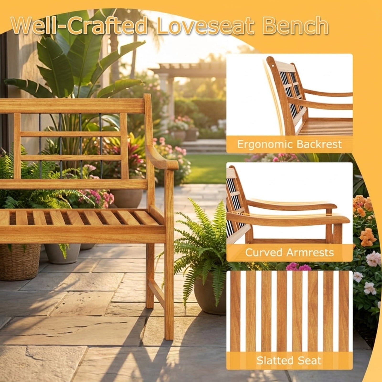 Biotree Patio Acacia Wood Bench with Curved Armrests Slatted Seat and Backrest Stackable Patio Chair for Garden BackyardNatural