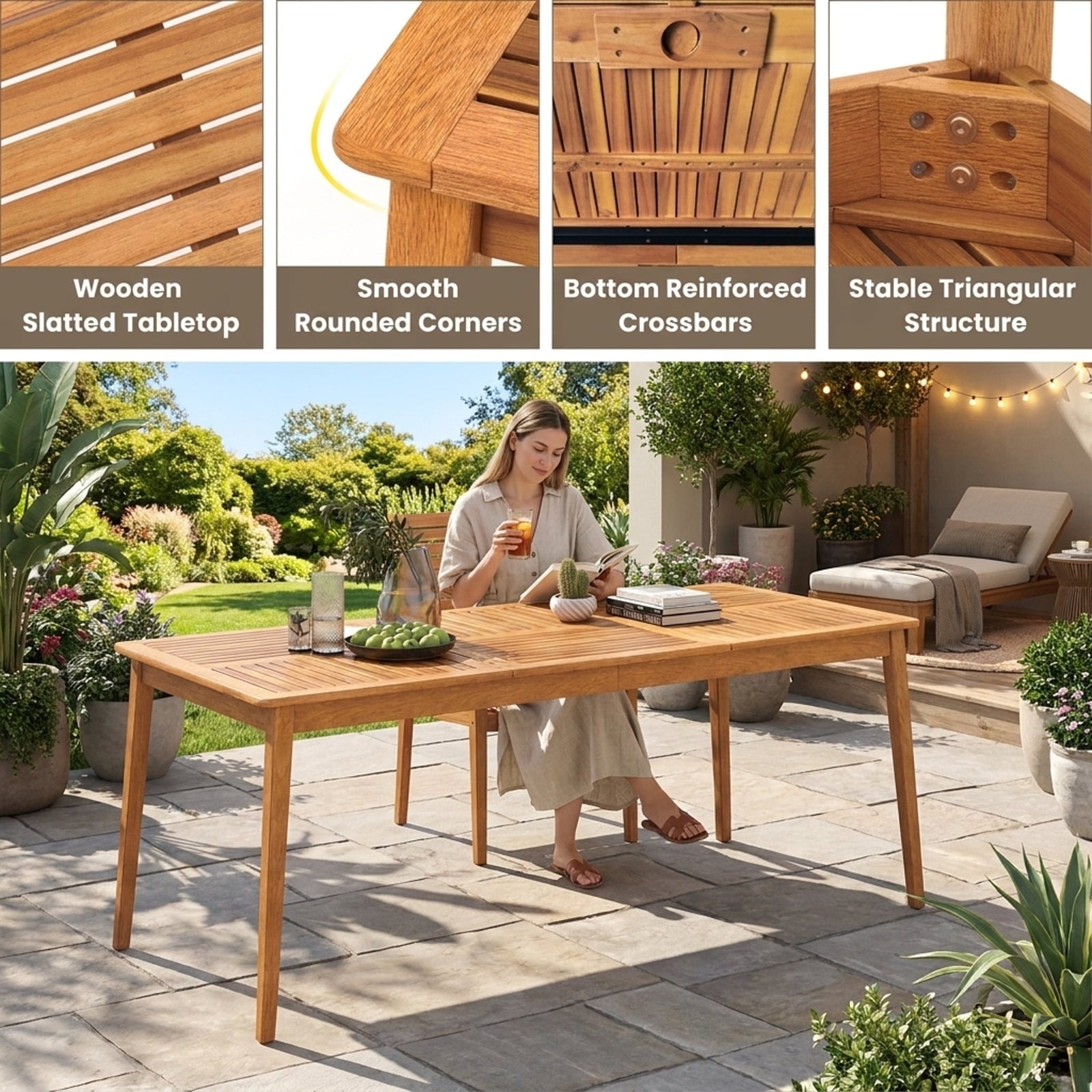 Biotree 79-Inch 8-Person Outdoor Acacia Wood Dining Rectangular Bistro Table with Umbrella Hole, Natural