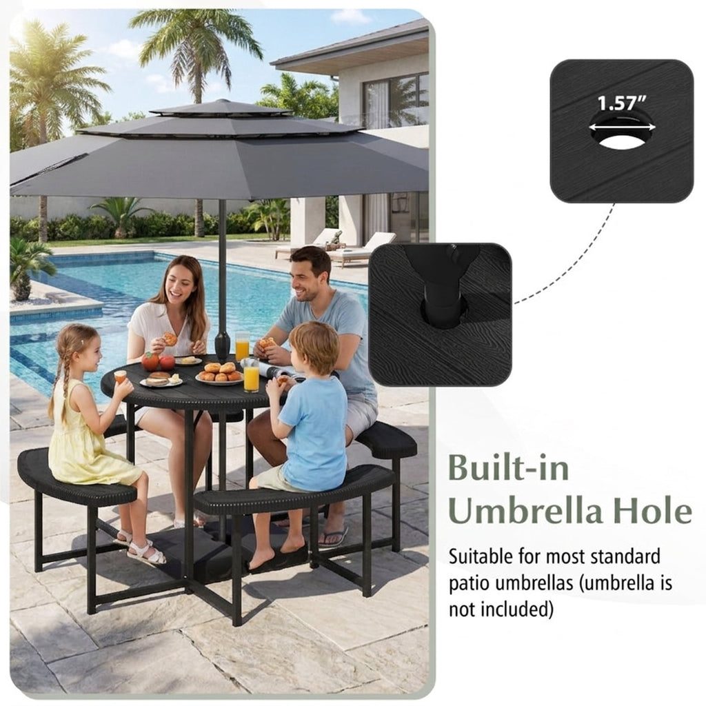 Biotree 62-Inch Round Picnic Table Bench Set with 4 Benches and Umbrella Hole for Patio Lawn, Black